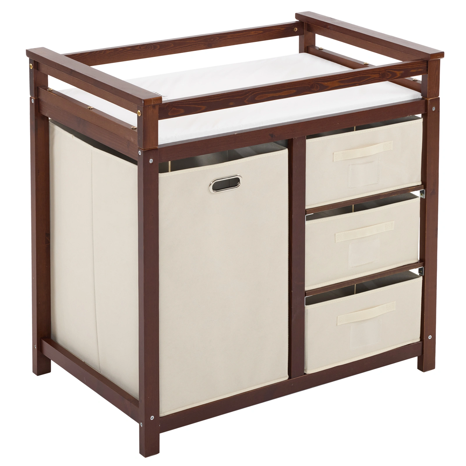 Brown painted pine wood frame children's bed with removable top, 87*53*87.5cm, includes 3 fabric drawers and 1 fabric bag, and a changing table view 34