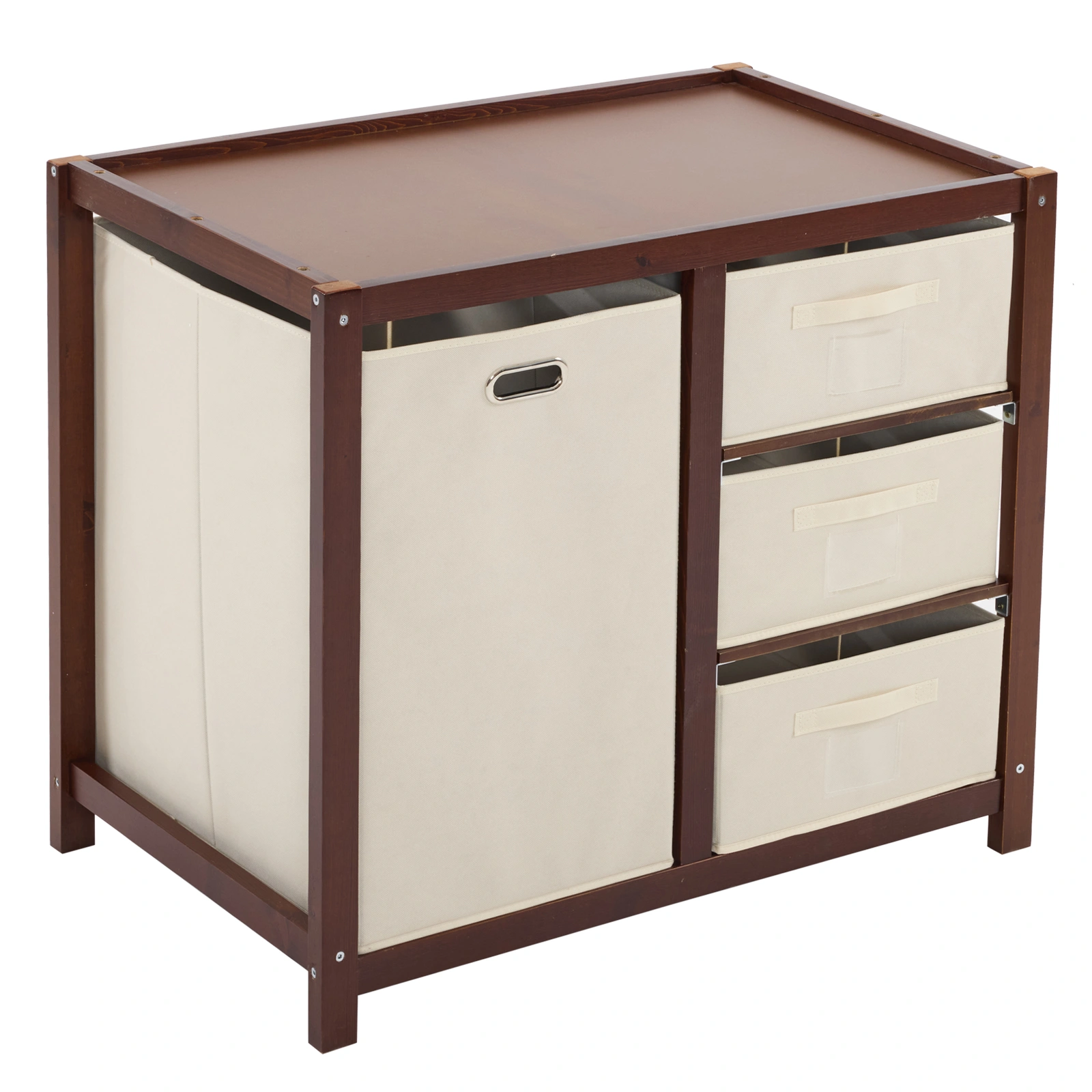 Brown painted pine wood frame children's bed with removable top, 87*53*87.5cm, includes 3 fabric drawers and 1 fabric bag, and a changing table view 4