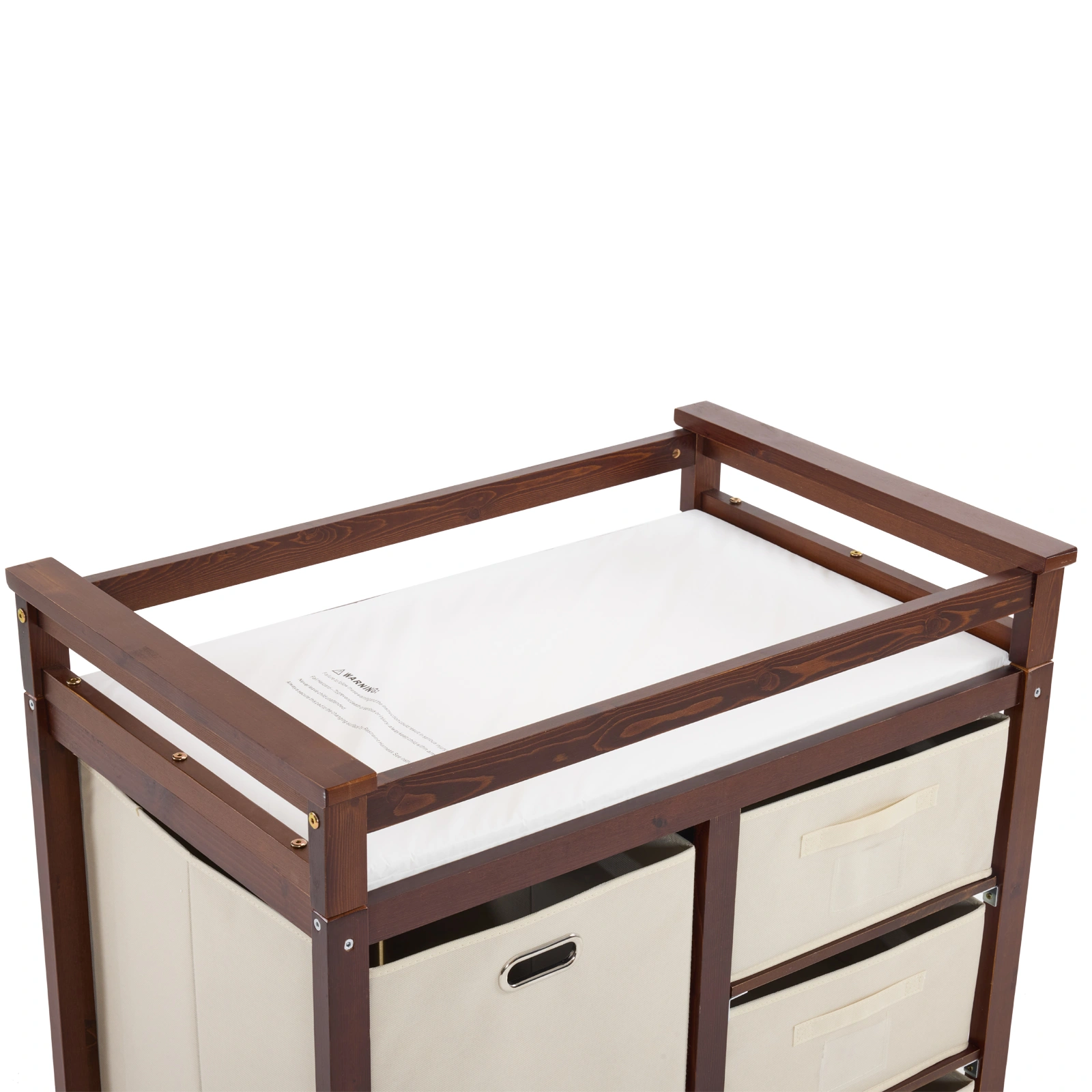 Brown painted pine wood frame children's bed with removable top, 87*53*87.5cm, includes 3 fabric drawers and 1 fabric bag, and a changing table view 6