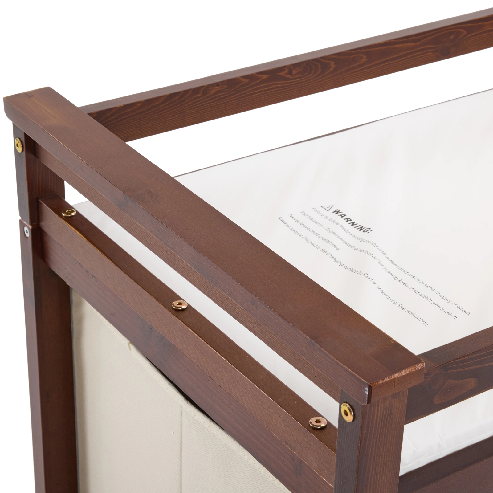 Brown painted pine wood frame children's bed with removable top, 87*53*87.5cm, includes 3 fabric drawers and 1 fabric bag, and a changing table view 7