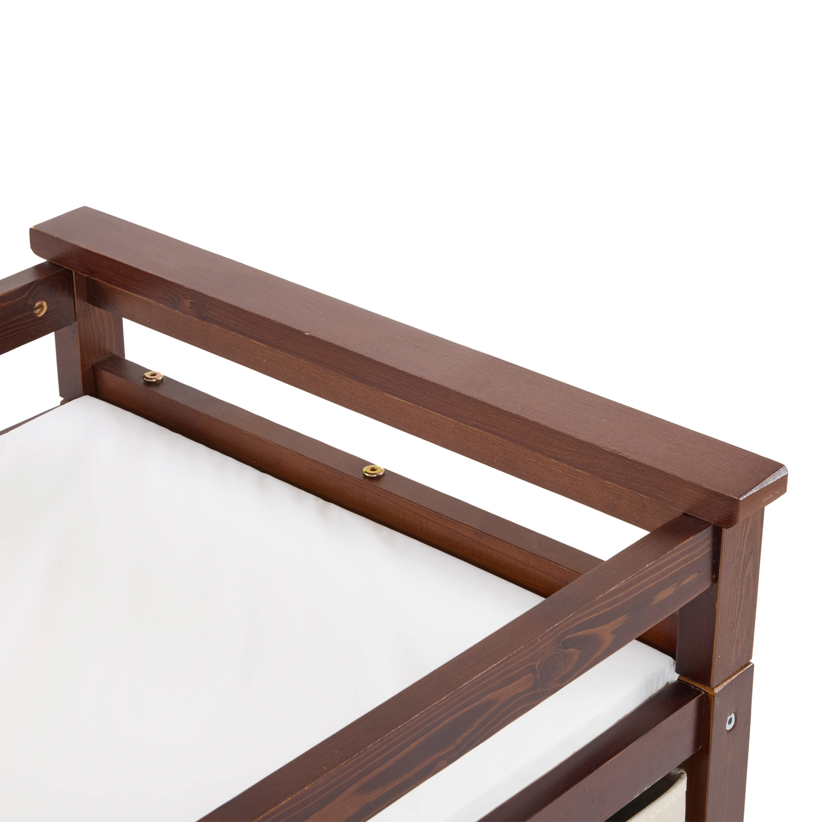 Brown painted pine wood frame children's bed with removable top, 87*53*87.5cm, includes 3 fabric drawers and 1 fabric bag, and a changing table view 8
