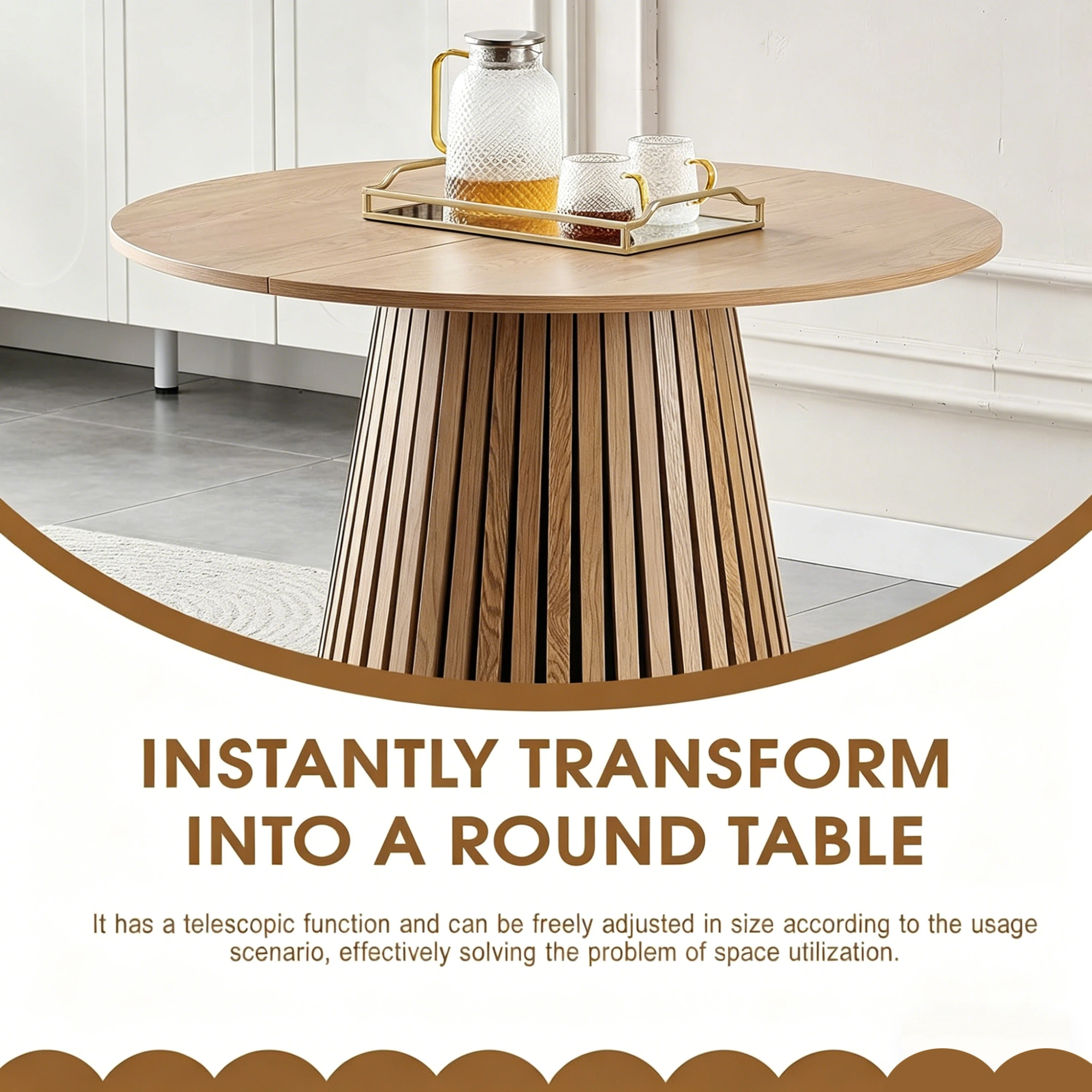 Wooden Dining Table Extendable Oval, Space Saving Multi-functional Coffee/Desk Table with Slatted Legs view 10