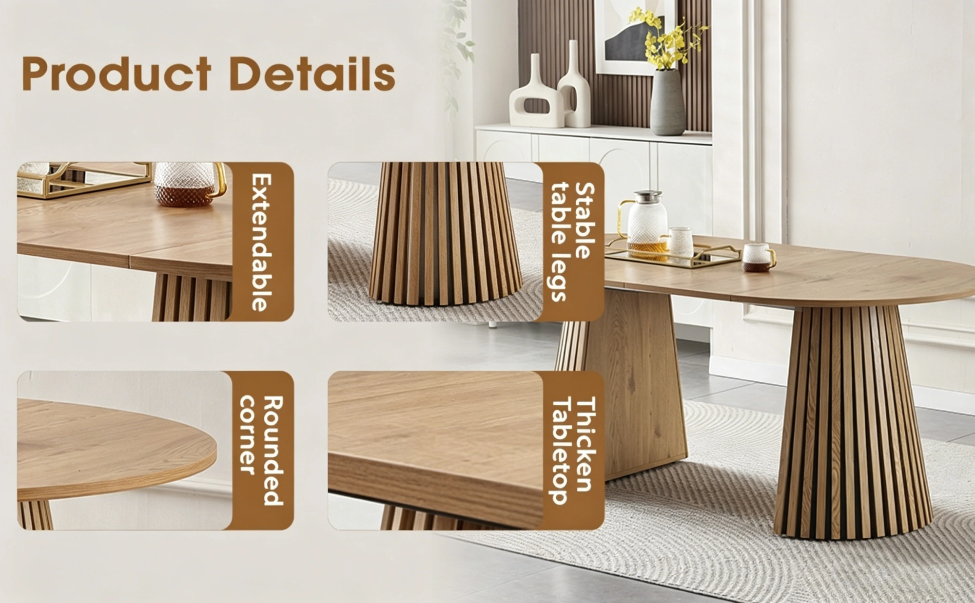Wooden Dining Table Extendable Oval, Space Saving Multi-functional Coffee/Desk Table with Slatted Legs view 12