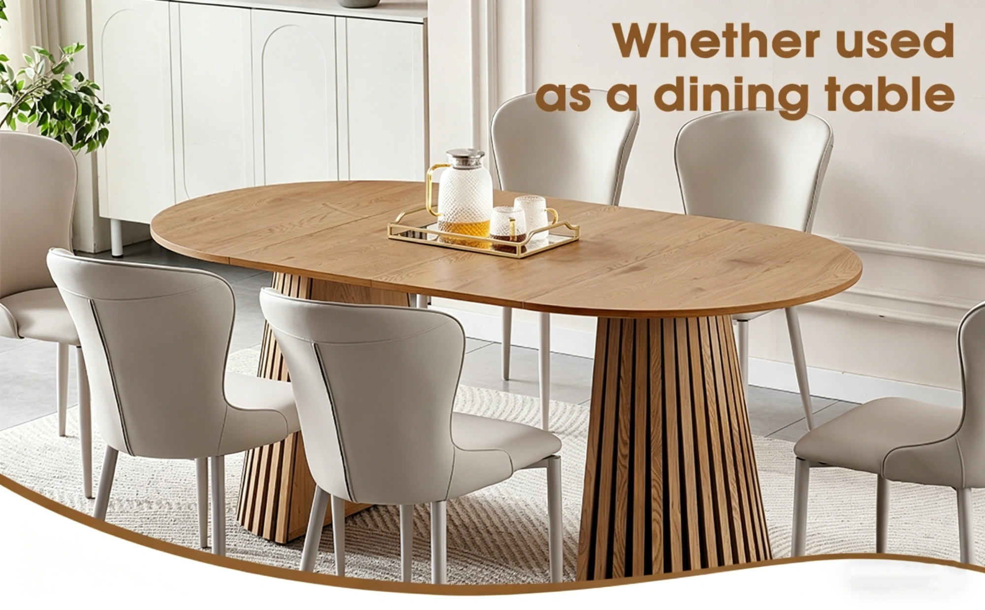 Wooden Dining Table Extendable Oval, Space Saving Multi-functional Coffee/Desk Table with Slatted Legs view 6