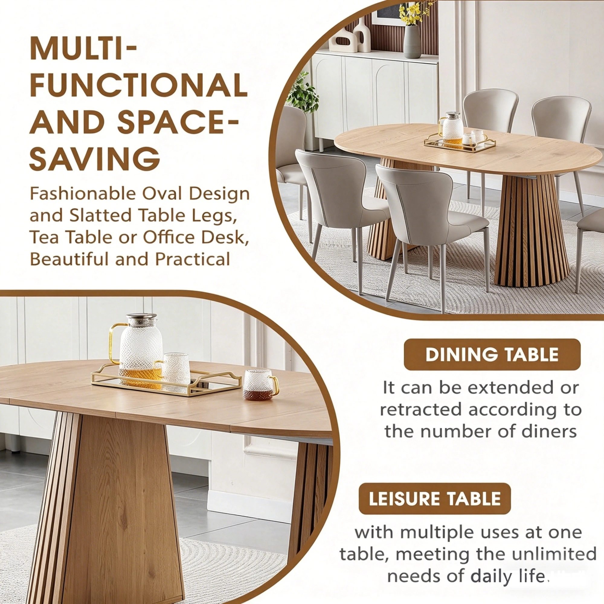 Wooden Dining Table Extendable Oval, Space Saving Multi-functional Coffee/Desk Table with Slatted Legs view 7