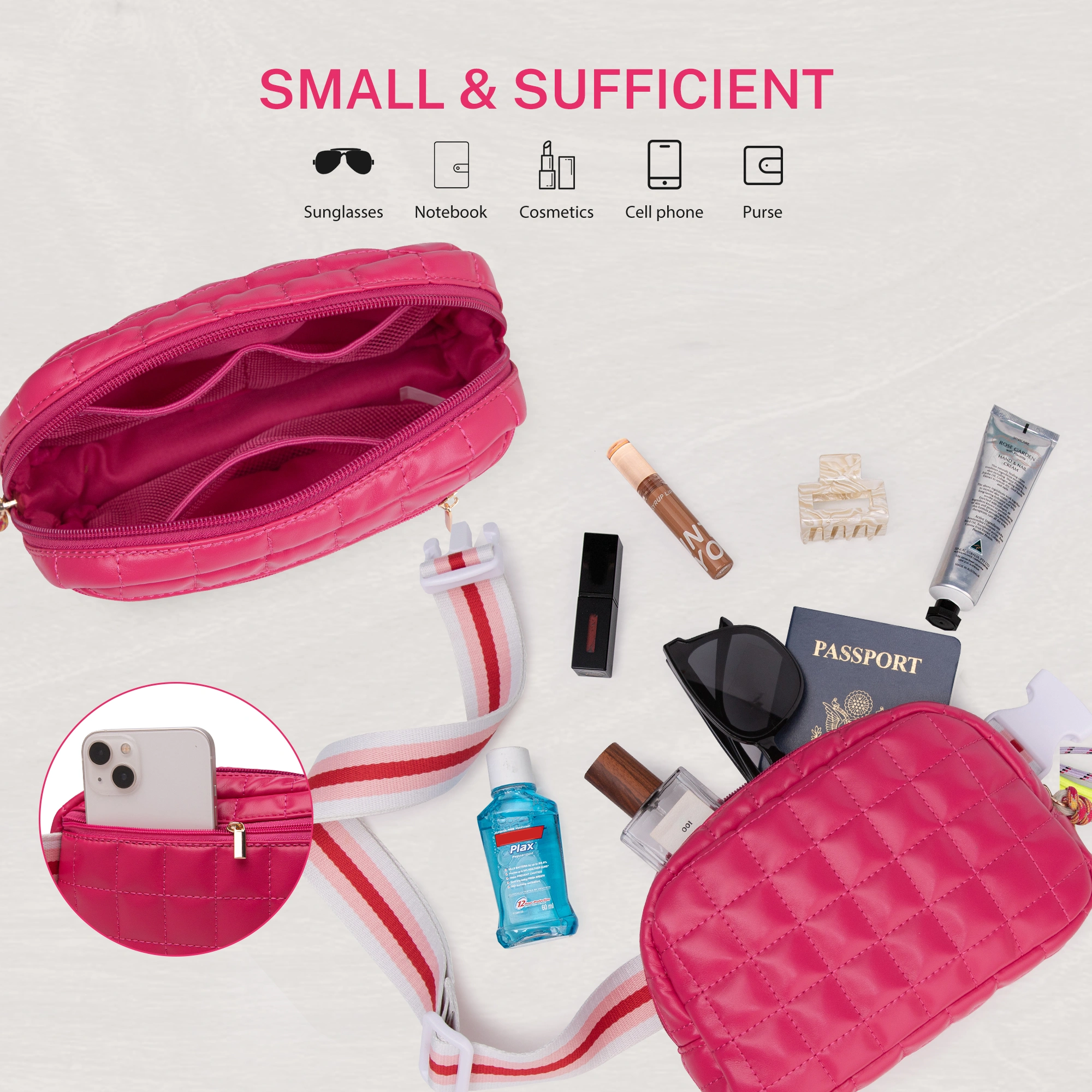 Puffer Bag Quilted Belt Bag Small Puffy Fanny Pack for Woman Running Traveling Hiking Workout Sports with Adjustable Strap-Rose view 4
