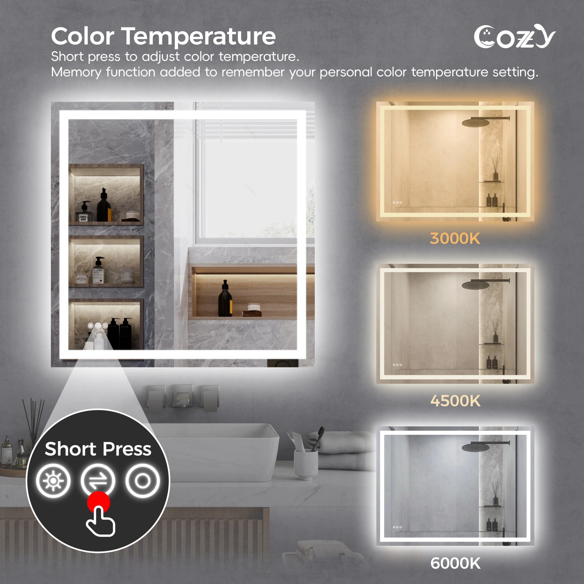24"x32" LED Bathroom Mirror, Front-Lit and Back-Lit, 3 Color Tem Adjustable, Brightness Memory, Anti-fog LED Vanity Mirror[Unable ship on weekends, TK/TEMU only for pickup, only TX10643 warehouse supports GOFO] view 13