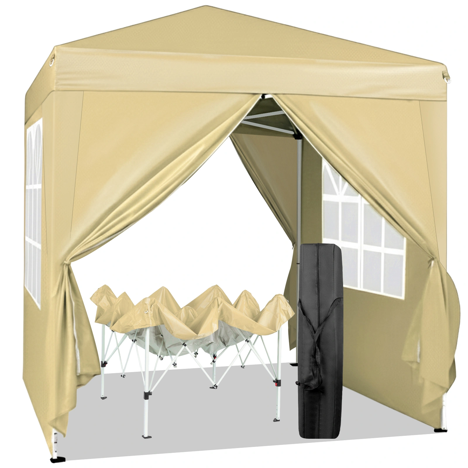 6.5X6.5FT Two Doors & Two Windows Practical Waterproof Right-Angle Folding Tent Khaki Color view 2