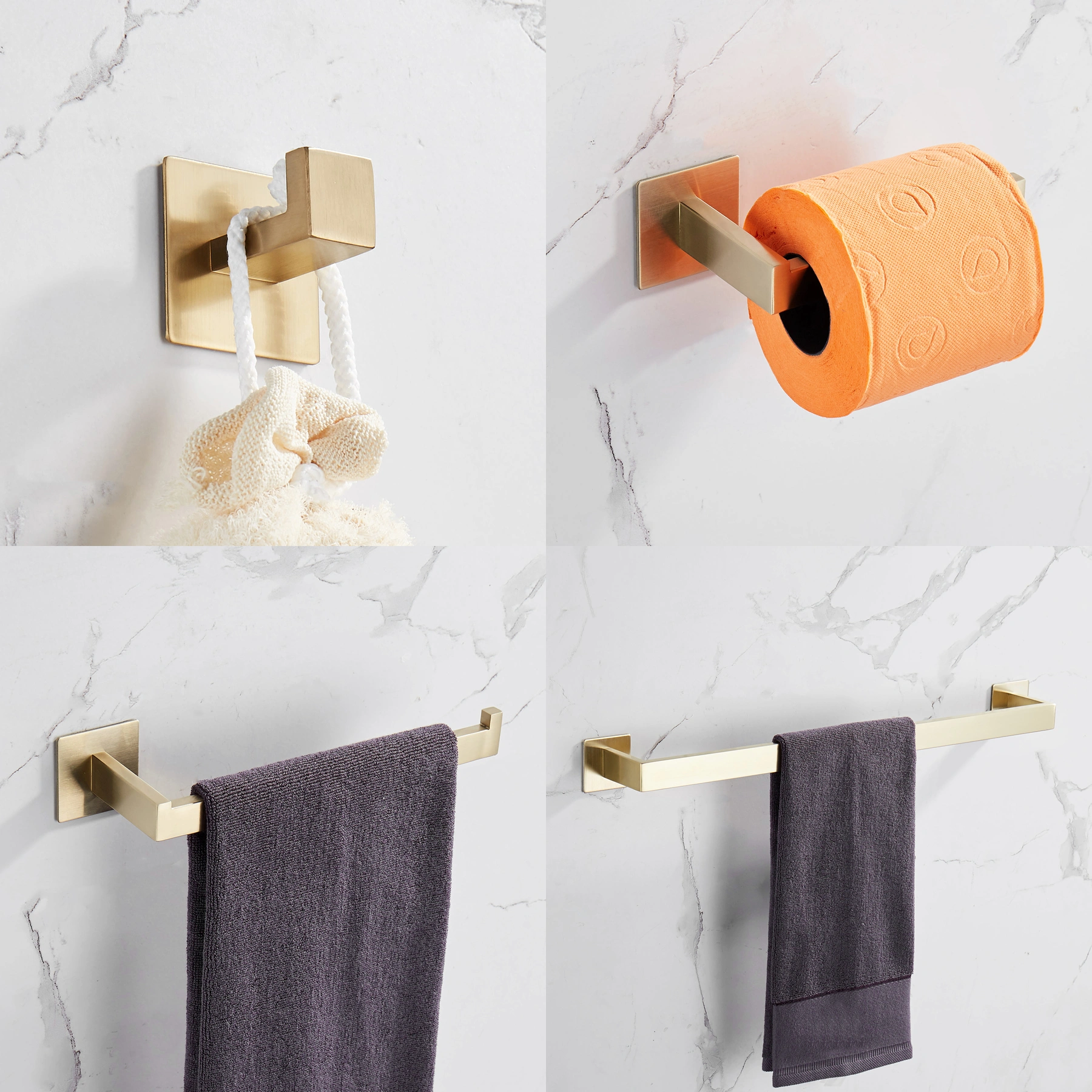 Strong Viscosity Adhesive 4 Pieces Bathroom Accessories Set Without Drilling Brushed Gold Towel Bar Set Holder Rack Robe Hook Tissue Toilet Paper Holder Rustproof 304 Stainless Steel KJ715PRO-4JIN