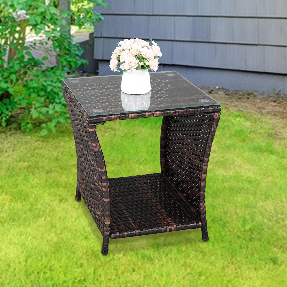 Glass Surface Brown Gradient Iron Frame Rattan Side Table view 14