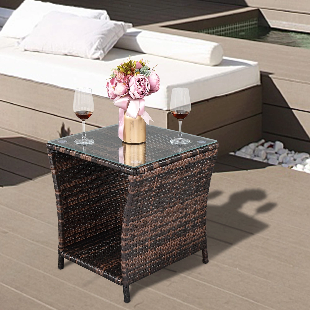Glass Surface Brown Gradient Iron Frame Rattan Side Table view 15