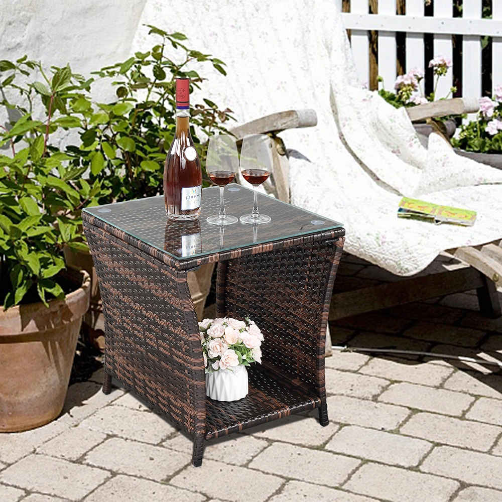 Glass Surface Brown Gradient Iron Frame Rattan Side Table view 16
