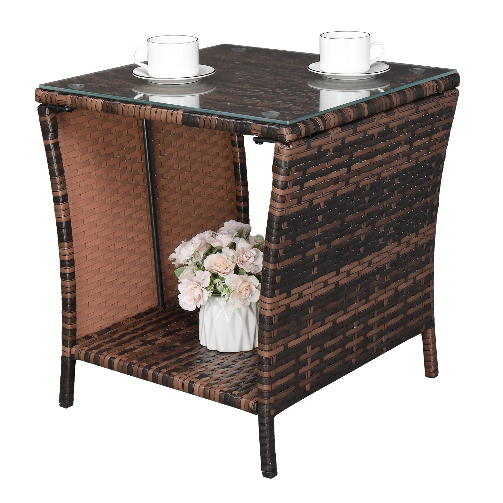 Glass Surface Brown Gradient Iron Frame Rattan Side Table view 25