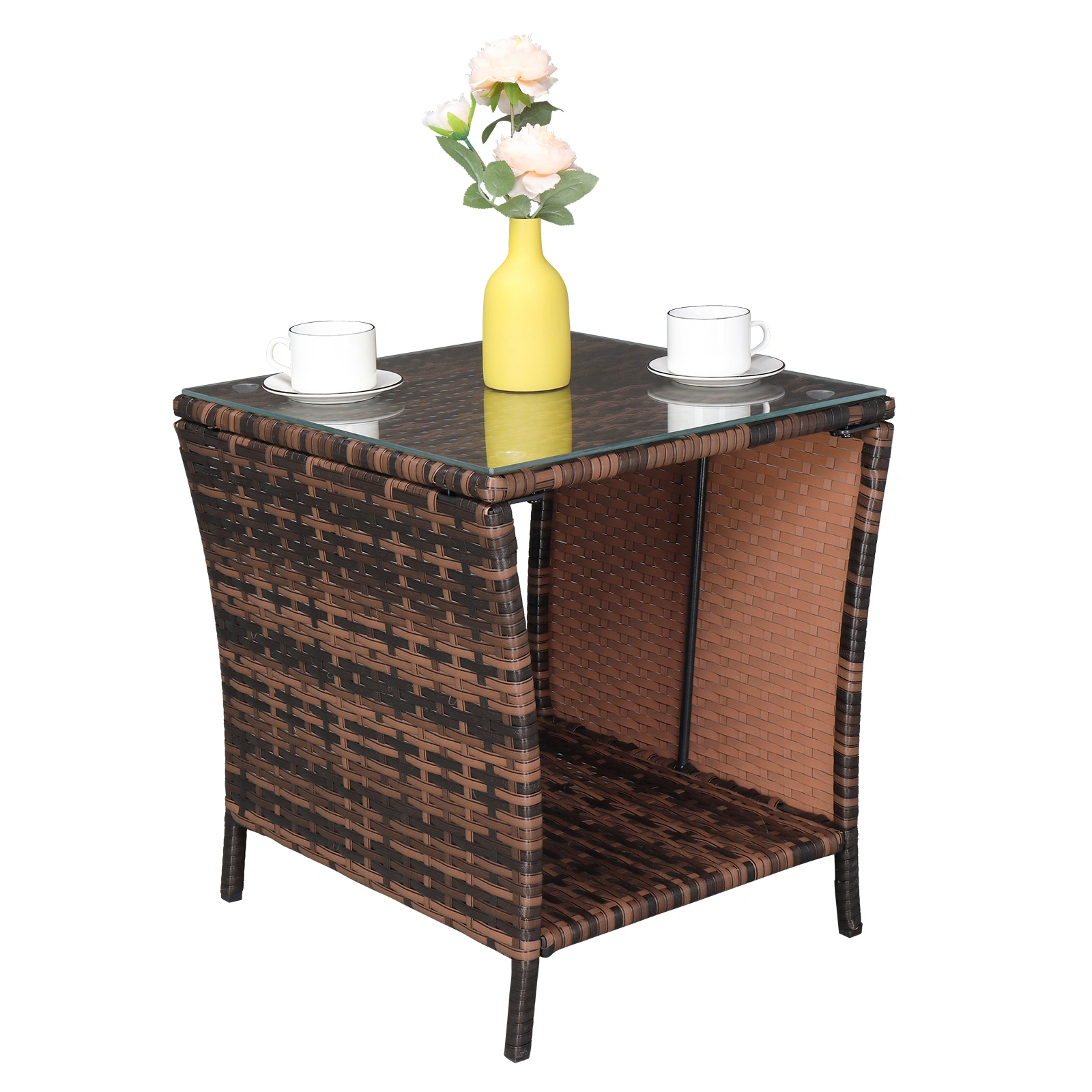 Glass Surface Brown Gradient Iron Frame Rattan Side Table view 26