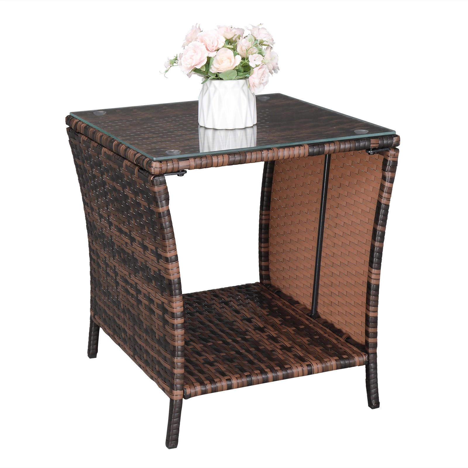 Glass Surface Brown Gradient Iron Frame Rattan Side Table view 27