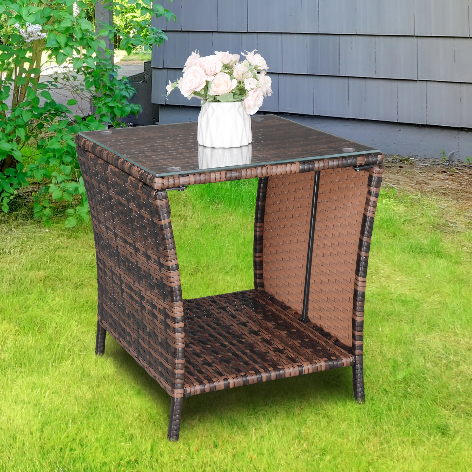 Glass Surface Brown Gradient Iron Frame Rattan Side Table view 33