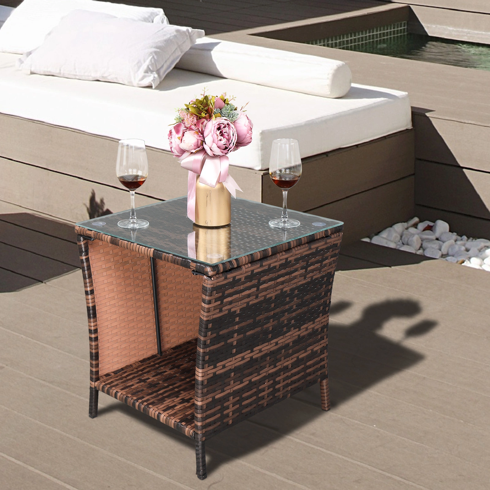 Glass Surface Brown Gradient Iron Frame Rattan Side Table view 35