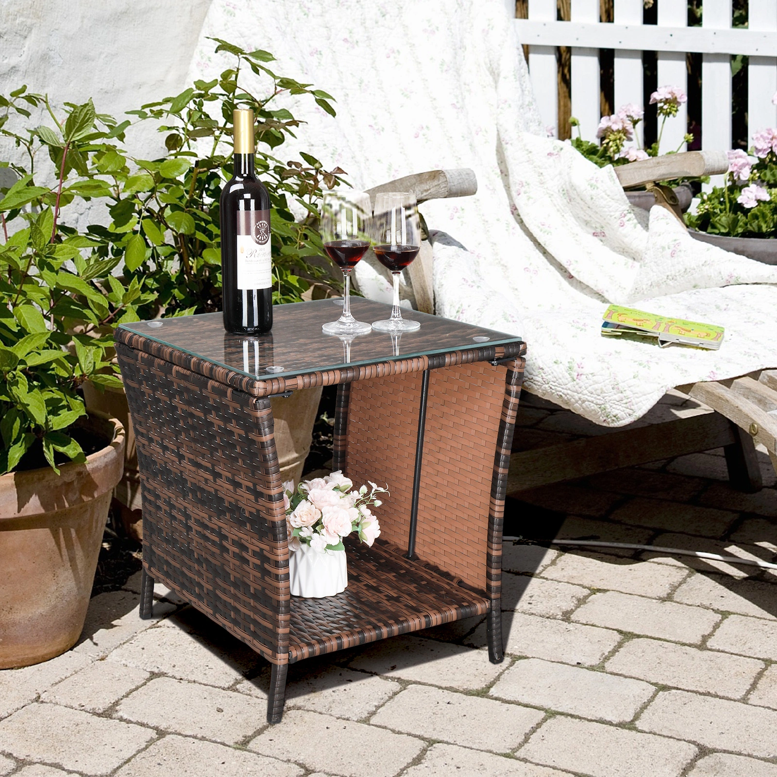 Glass Surface Brown Gradient Iron Frame Rattan Side Table view 36