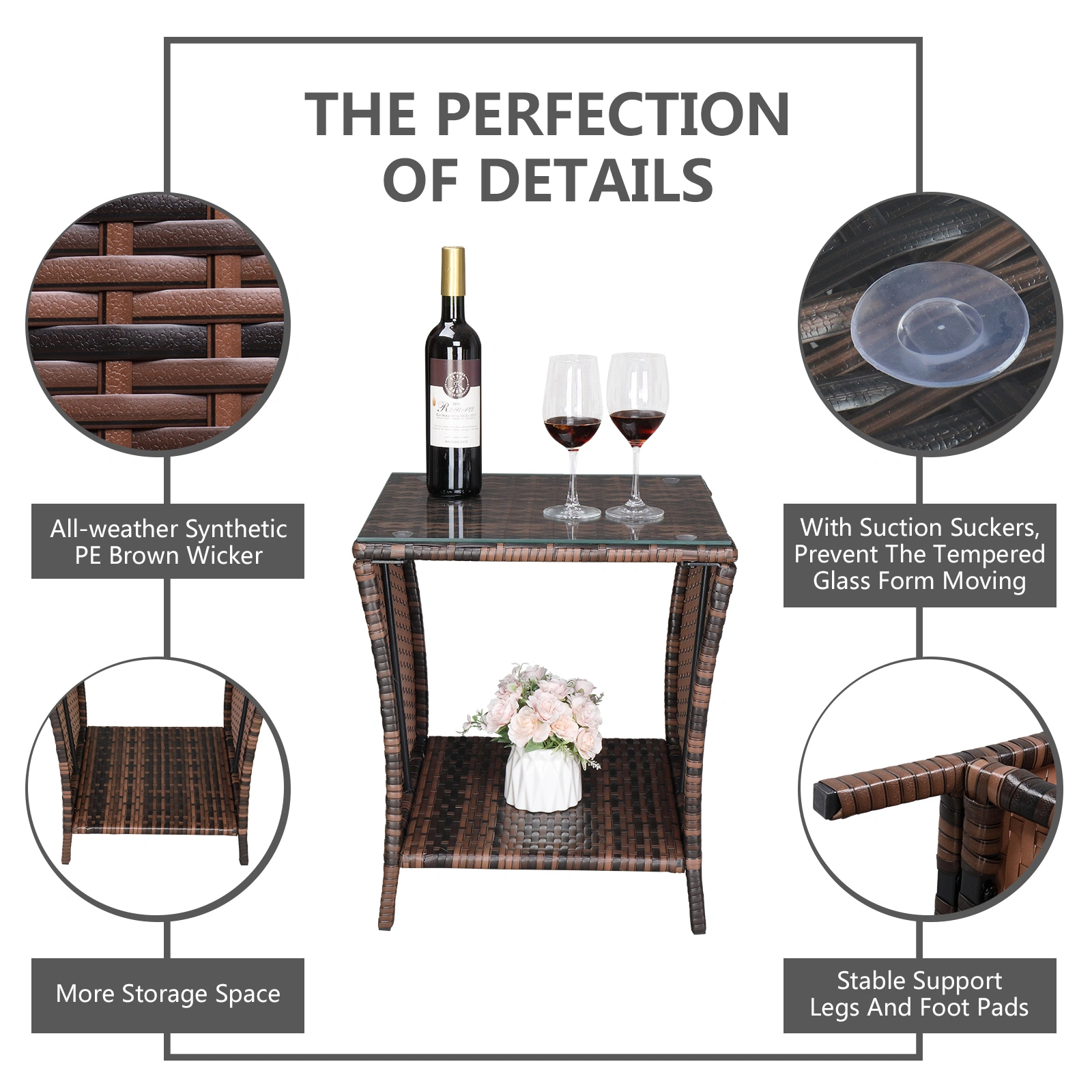 Glass Surface Brown Gradient Iron Frame Rattan Side Table view 40