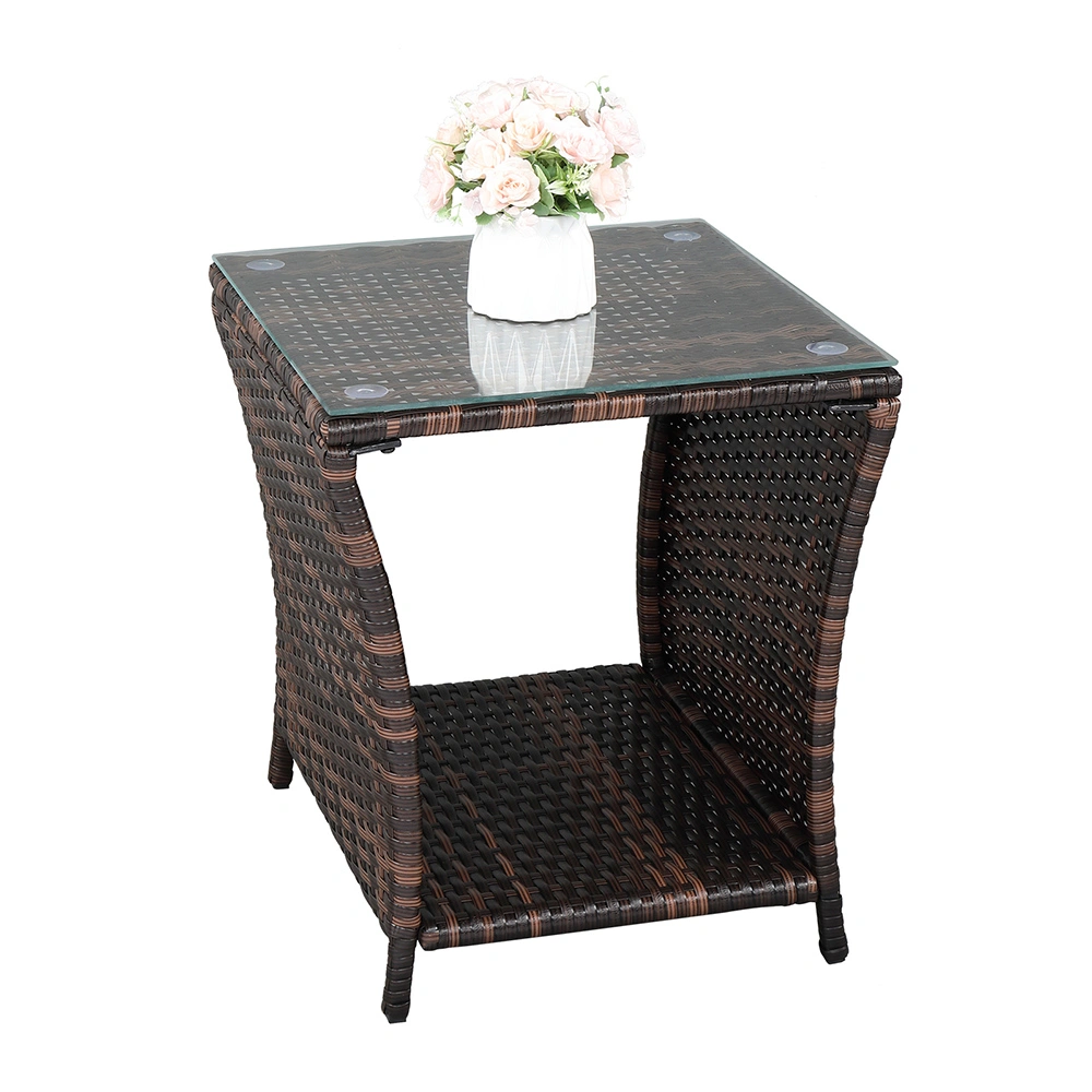 Glass Surface Brown Gradient Iron Frame Rattan Side Table view 8