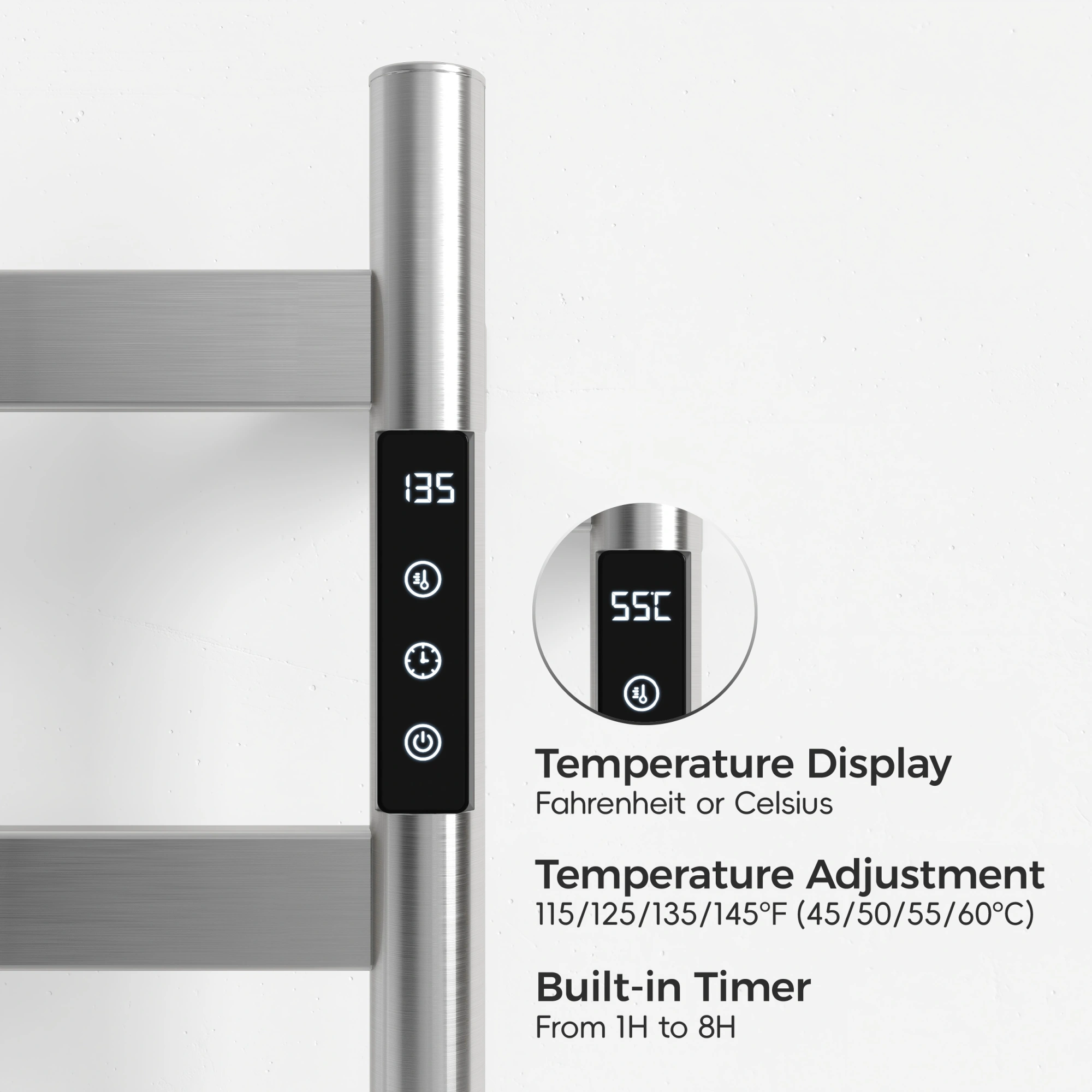 22.5" Brushed Nickel Heated Towel Rack for Bathroom,Wall Mounted with Intelligent Touch Screen Timer, 4-Bar Towel Warmer, 304 Stainless Steel Polished, Plug-in/Hard-Wired[Unable ship on weekends, TK/TEMU only for pickup, only TX10643 warehouse suppor view 7