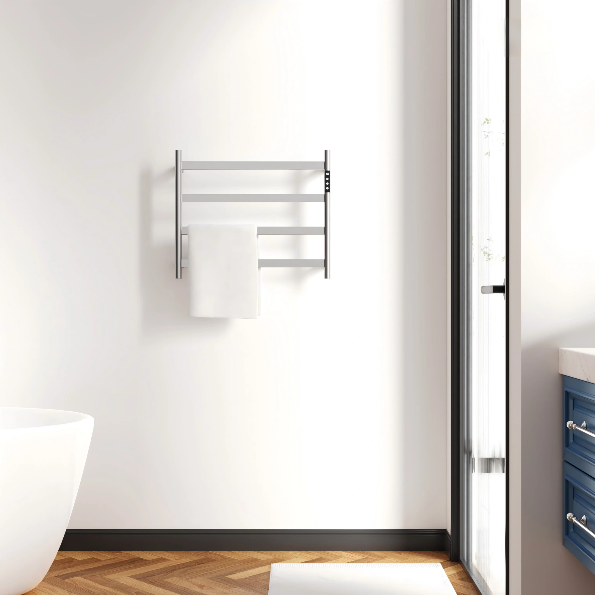 22.5" Brushed Nickel Heated Towel Rack for Bathroom,Wall Mounted with Intelligent Touch Screen Timer, 4-Bar Towel Warmer, 304 Stainless Steel Polished, Plug-in/Hard-Wired[Unable ship on weekends, TK/TEMU only for pickup, only TX10643 warehouse suppor view 8