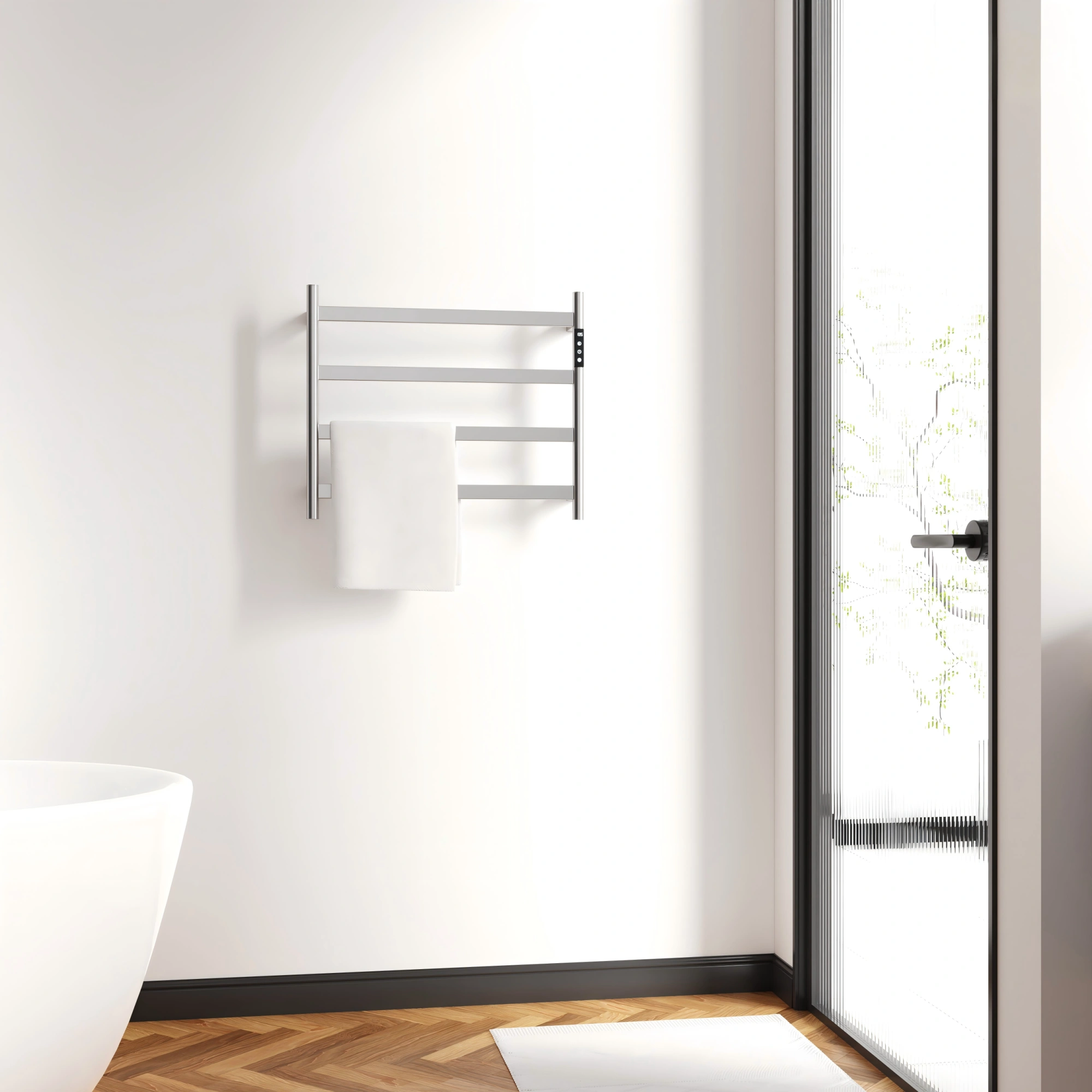 22.5" Brushed Nickel Heated Towel Rack for Bathroom,Wall Mounted with Intelligent Touch Screen Timer, 4-Bar Towel Warmer, 304 Stainless Steel Polished, Plug-in/Hard-Wired[Unable ship on weekends, TK/TEMU only for pickup, only TX10643 warehouse suppor view 9