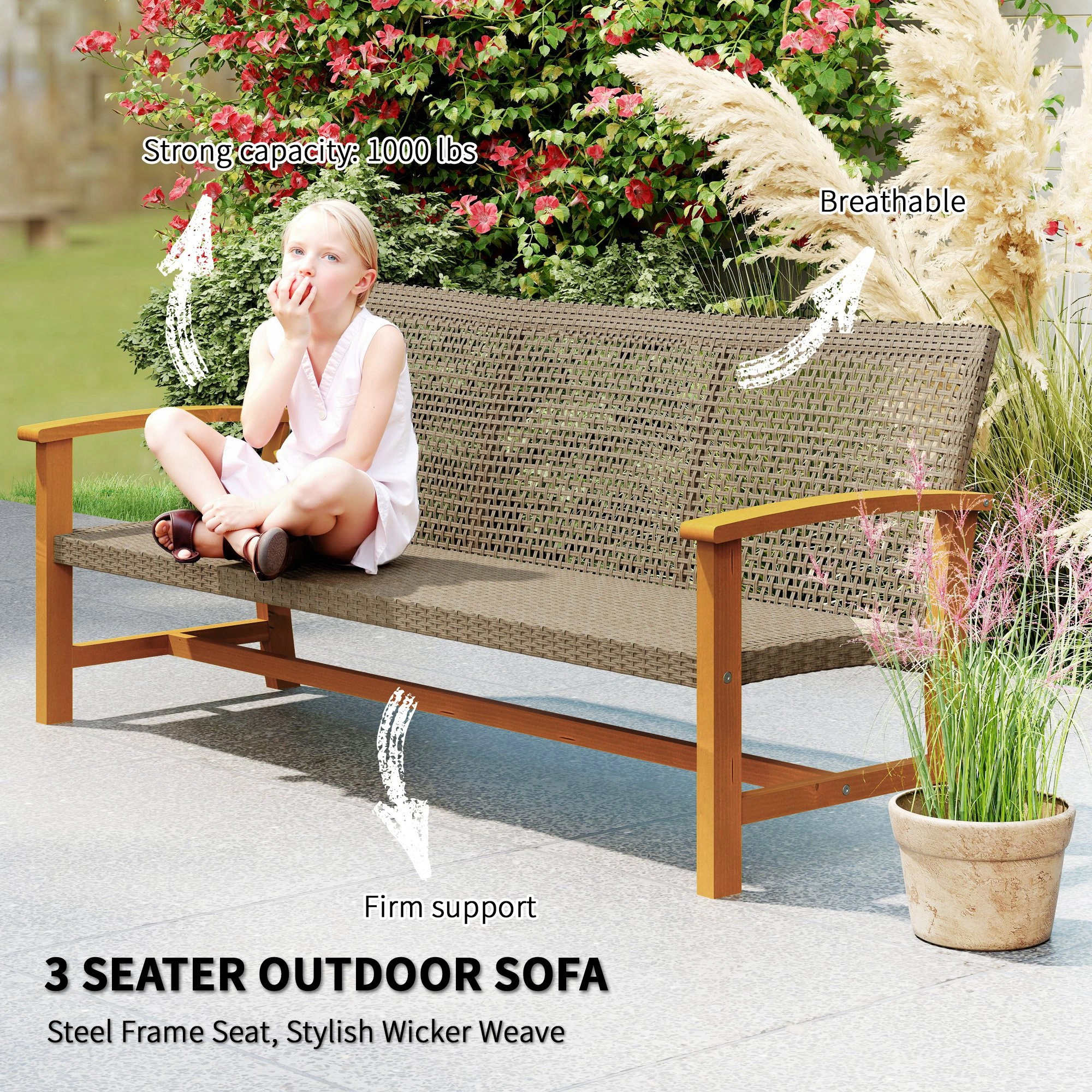 3-Seat Wicker Outdoor Sofa Set Patio Furniture Conversation Seating with Cushions Rattan Couch for Garden Backyard Deck view 6