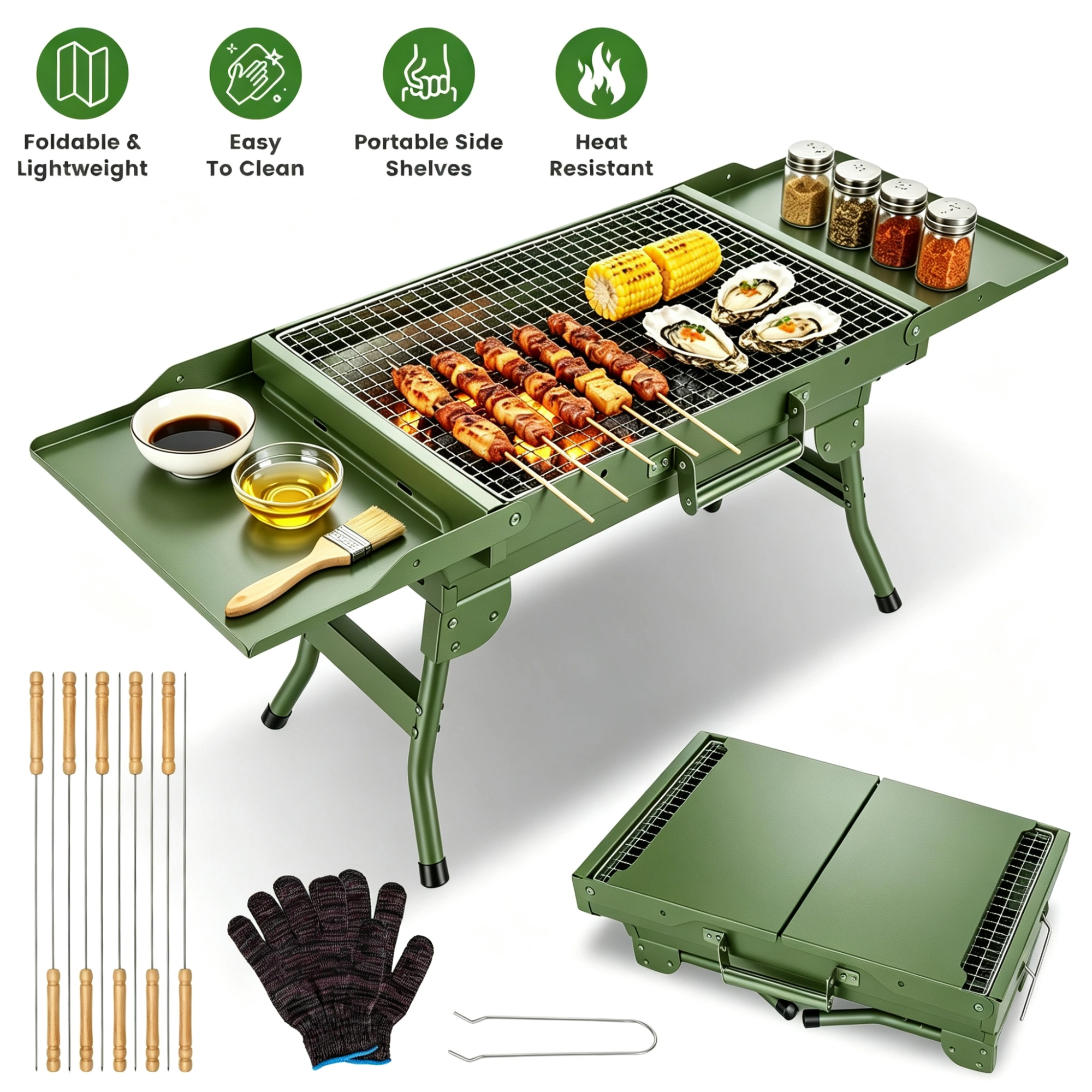 Portable Folding Charcoal BBQ Grill with Dual Side Shelves, 12 Air Vents, Includes Skewers Gloves & Grill Tools for Outdoor Camping
