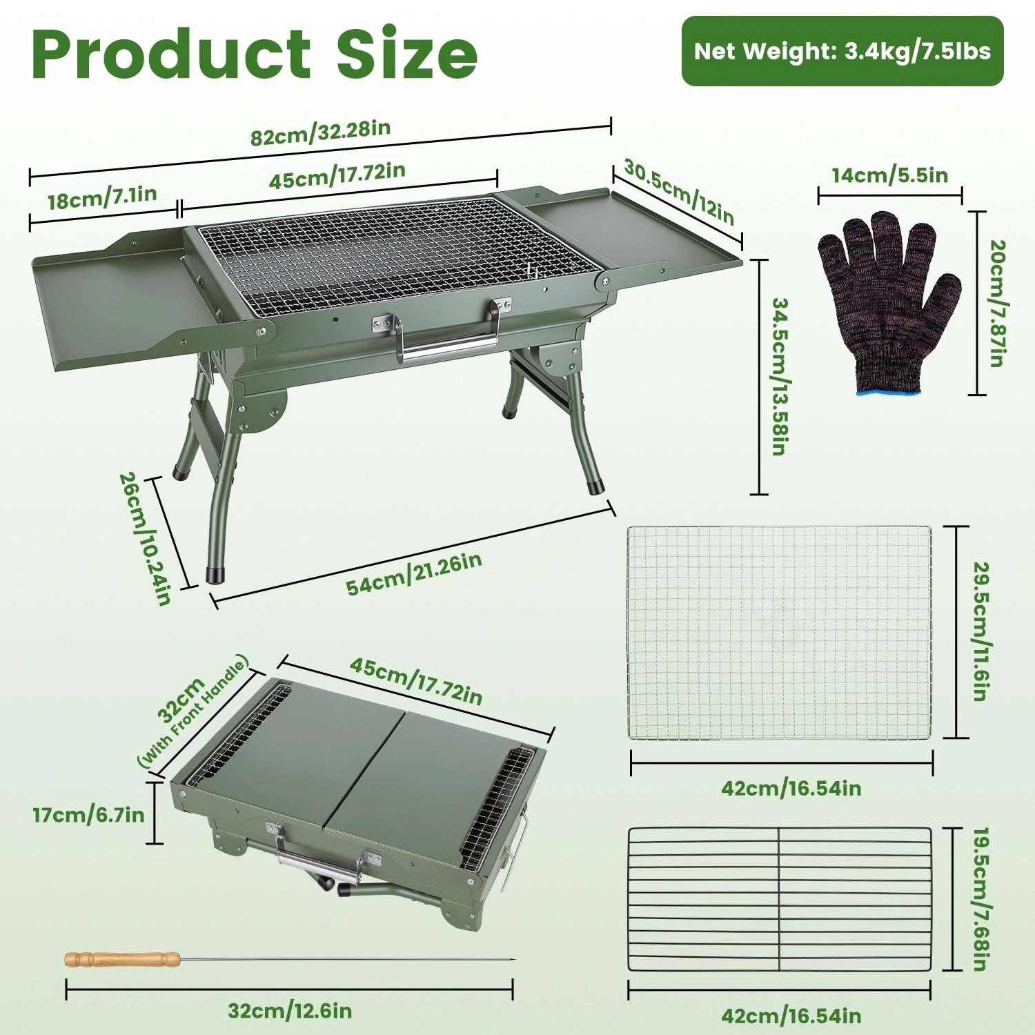 Portable Folding Charcoal BBQ Grill with Dual Side Shelves, 12 Air Vents, Includes Skewers Gloves & Grill Tools for Outdoor Camping view 10