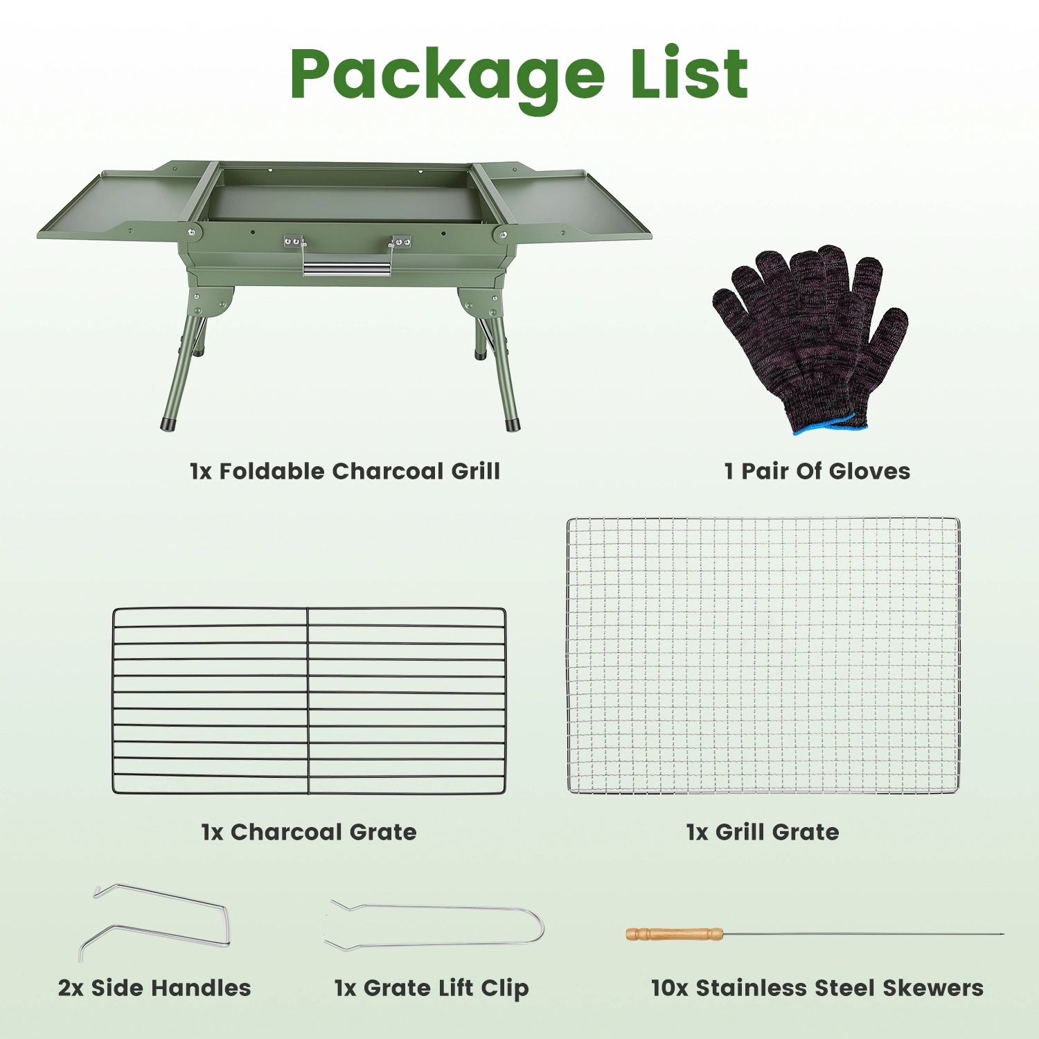 Portable Folding Charcoal BBQ Grill with Dual Side Shelves, 12 Air Vents, Includes Skewers Gloves & Grill Tools for Outdoor Camping view 11