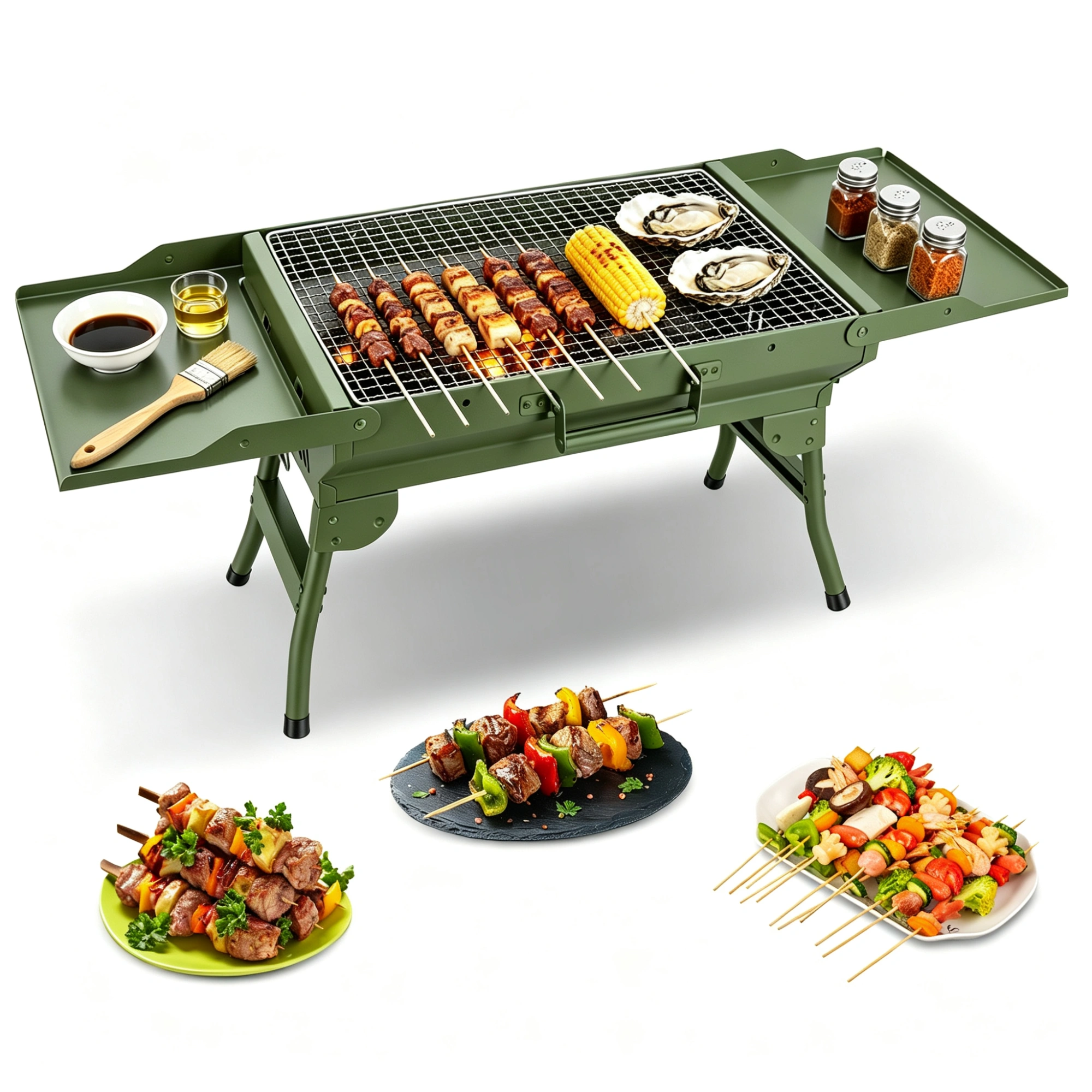 Portable Folding Charcoal BBQ Grill with Dual Side Shelves, 12 Air Vents, Includes Skewers Gloves & Grill Tools for Outdoor Camping view 12