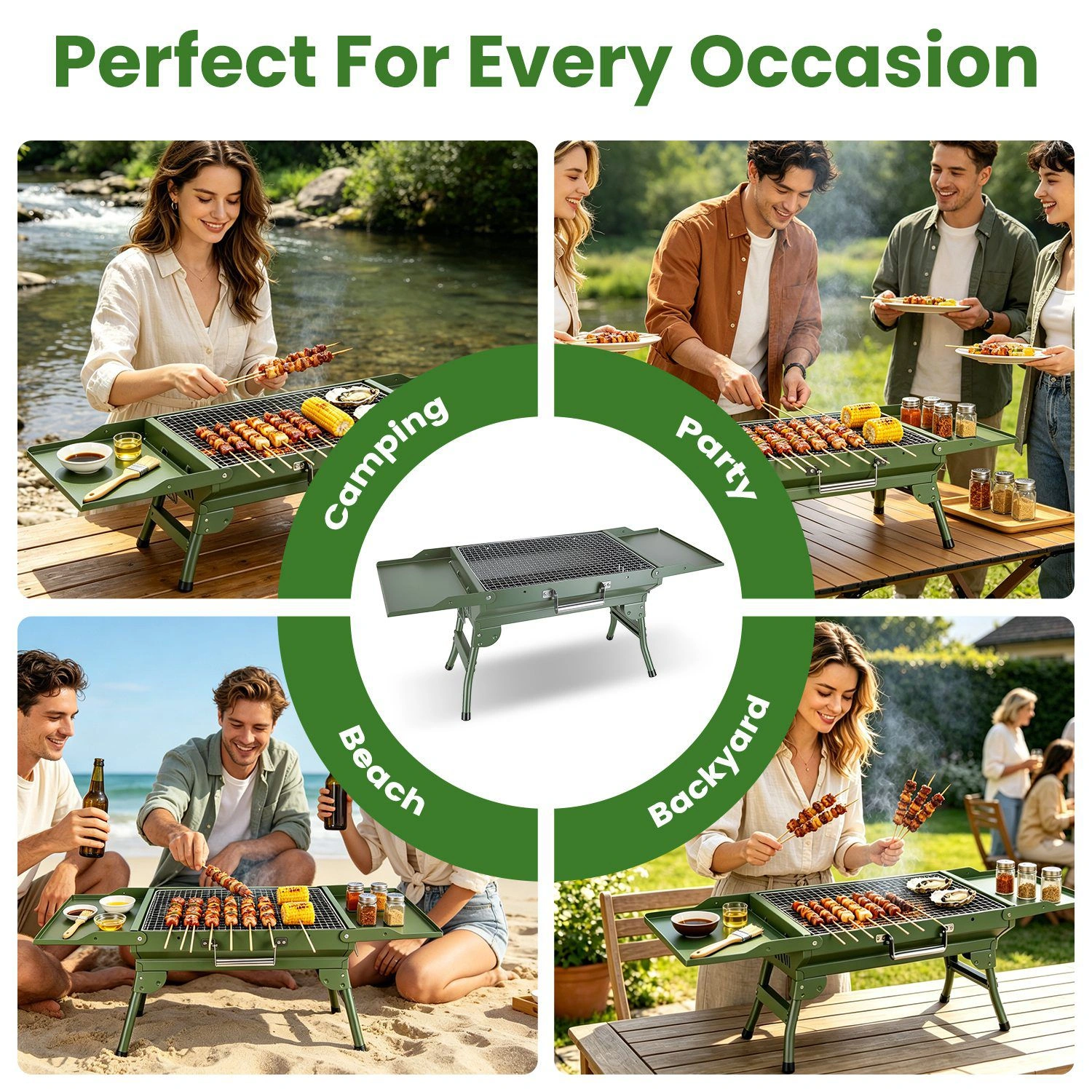 Portable Folding Charcoal BBQ Grill with Dual Side Shelves, 12 Air Vents, Includes Skewers Gloves & Grill Tools for Outdoor Camping view 3