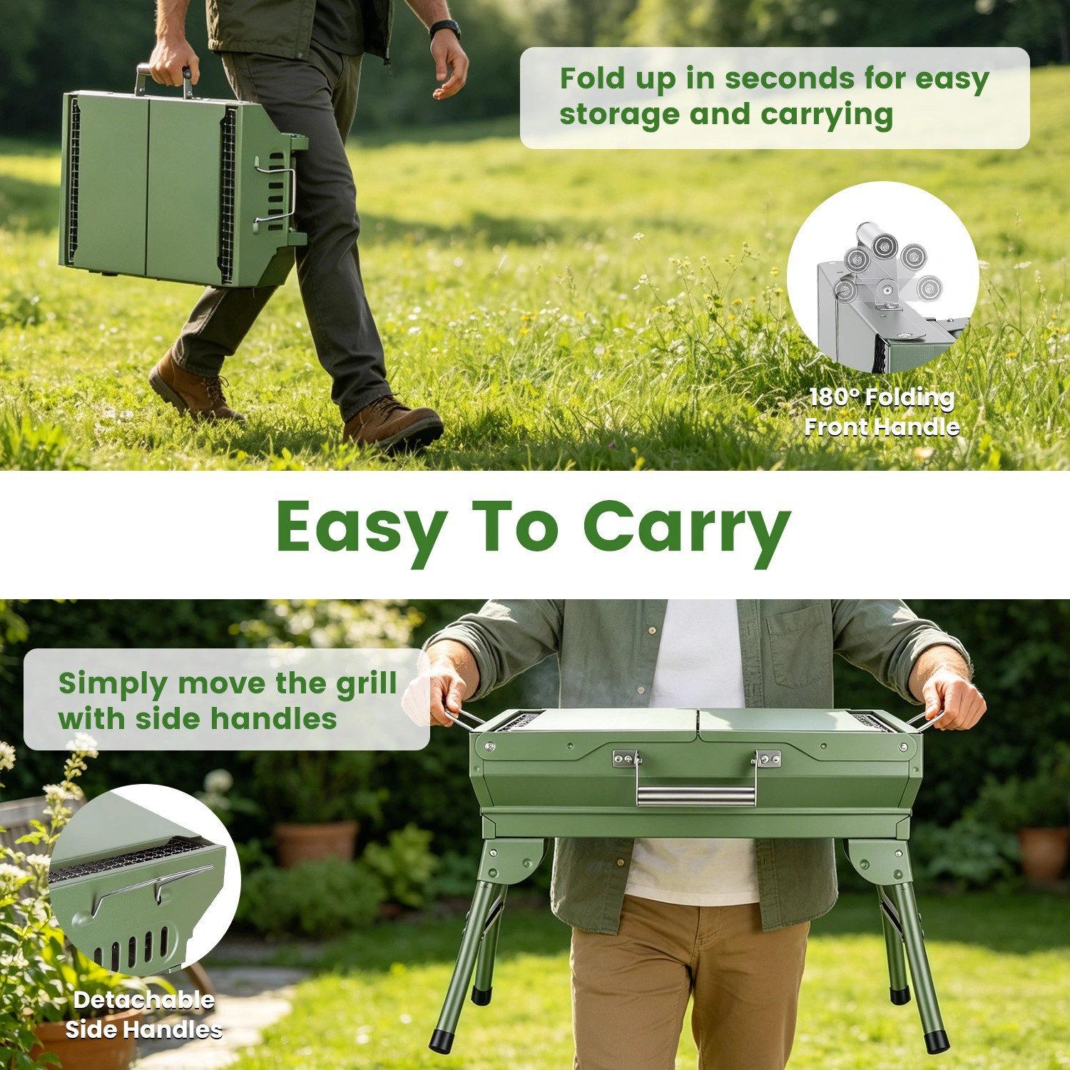 Portable Folding Charcoal BBQ Grill with Dual Side Shelves, 12 Air Vents, Includes Skewers Gloves & Grill Tools for Outdoor Camping view 4