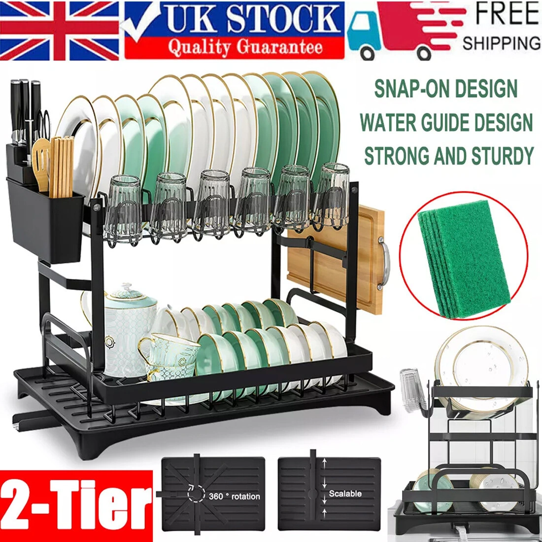 2-Tier Kitchen Sink Dish Drainer Rack - Drip Tray, Cutlery Holder & Plate Rack, UK