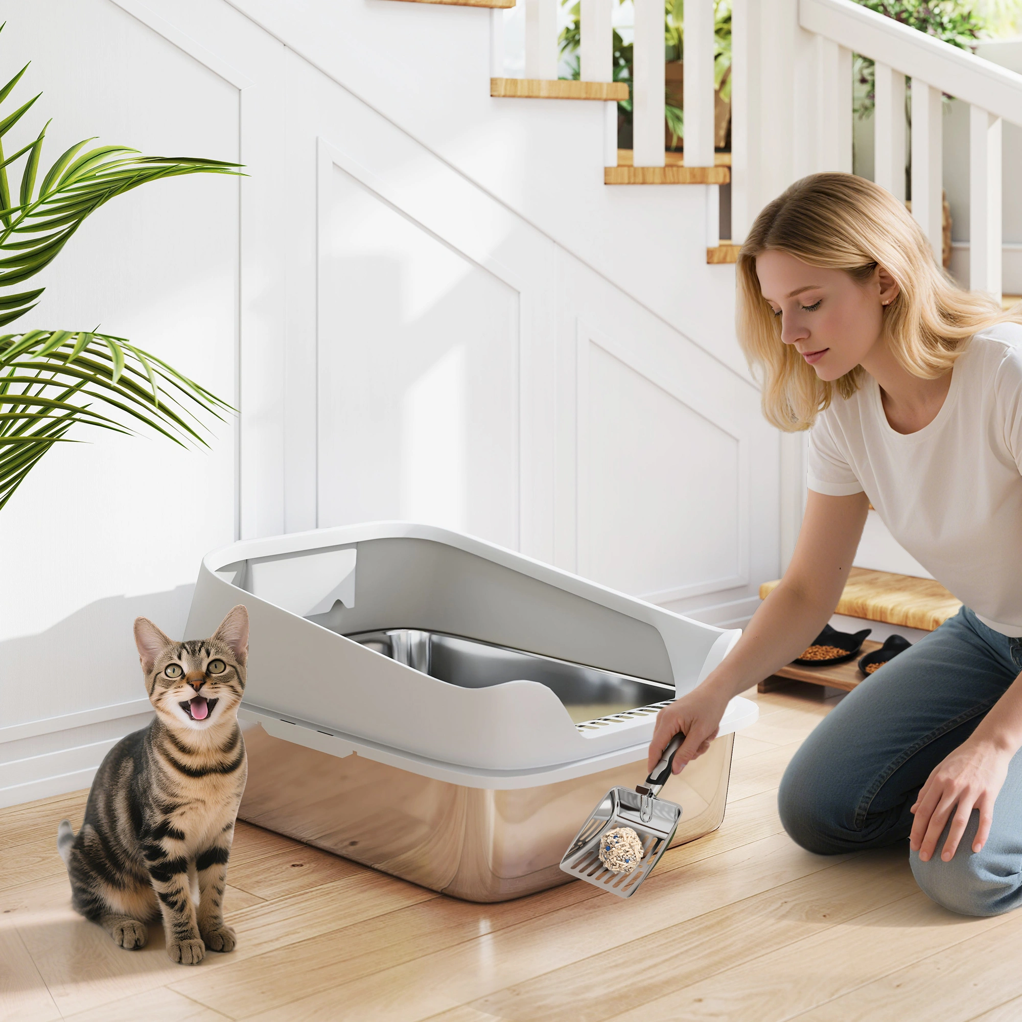 Cat Litter Box Extra Large 24" x 20" Open Top Cat Litter Box, Includes 1 Scoop, White, Indoor Outdoor Use