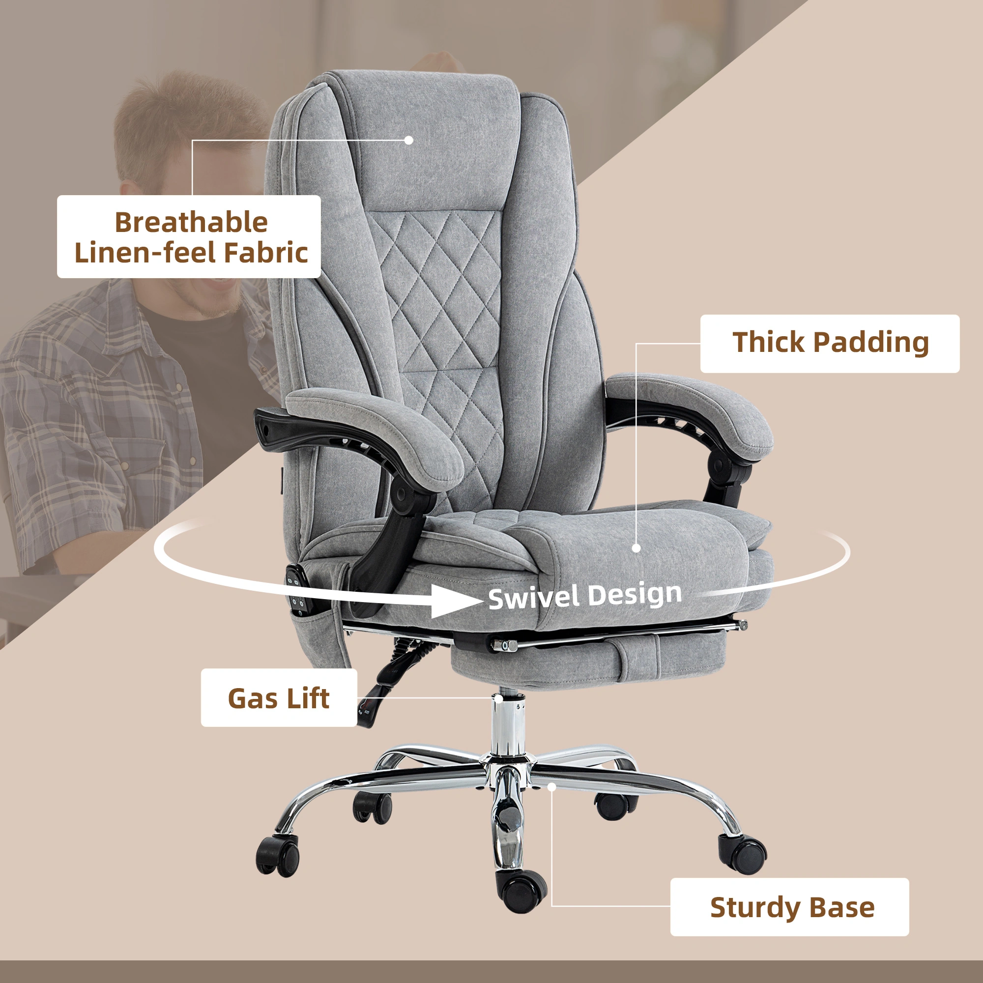Massage Office Chair, Ergonomic Executive Swivel Chair, Lumbar Support, Adjustable Height, Breathable Mesh Back view 3