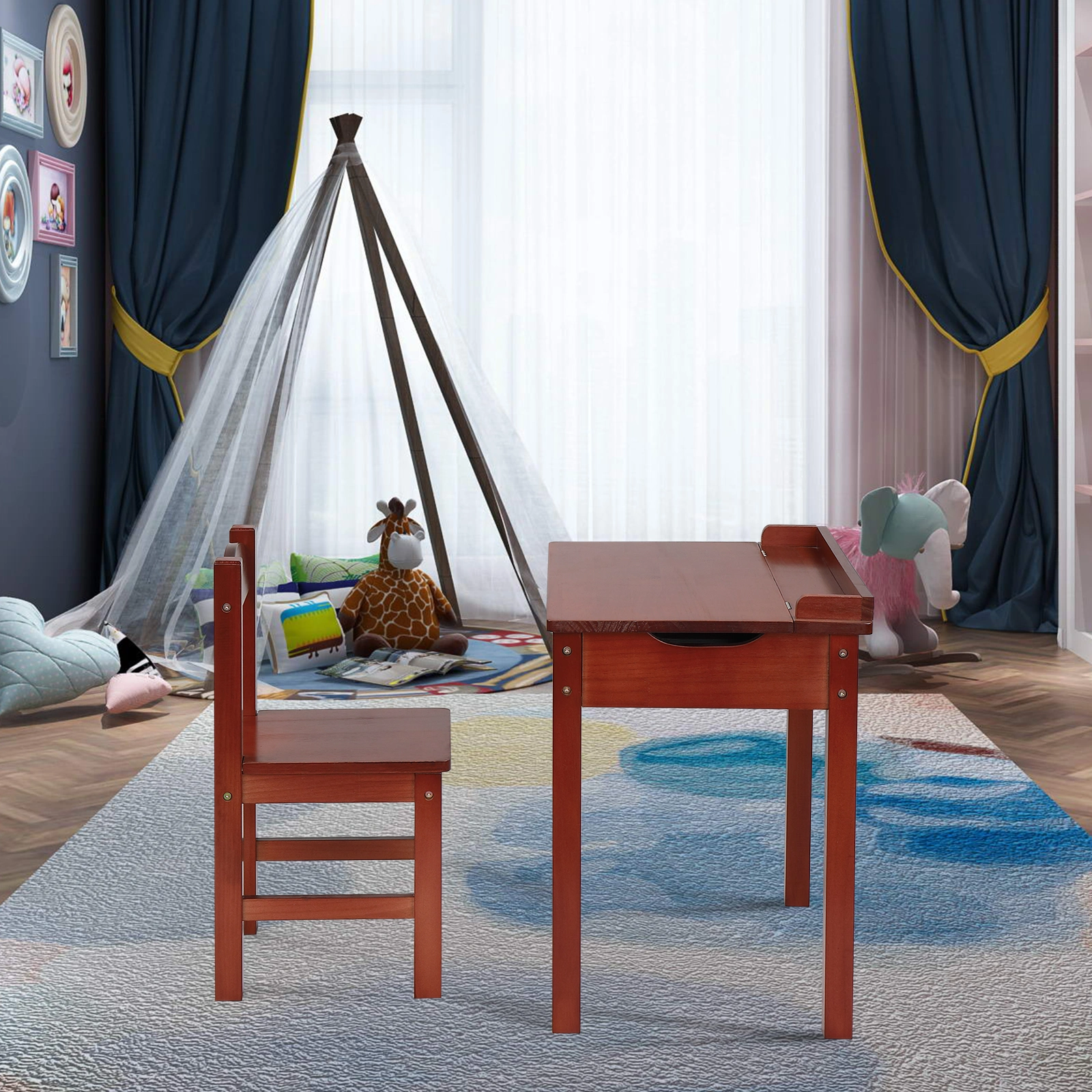 Flip Top Kids Table and Chair Set, Wood Activity Table Set with Storage Space for Arts Crafts, Dark Coffee view 14
