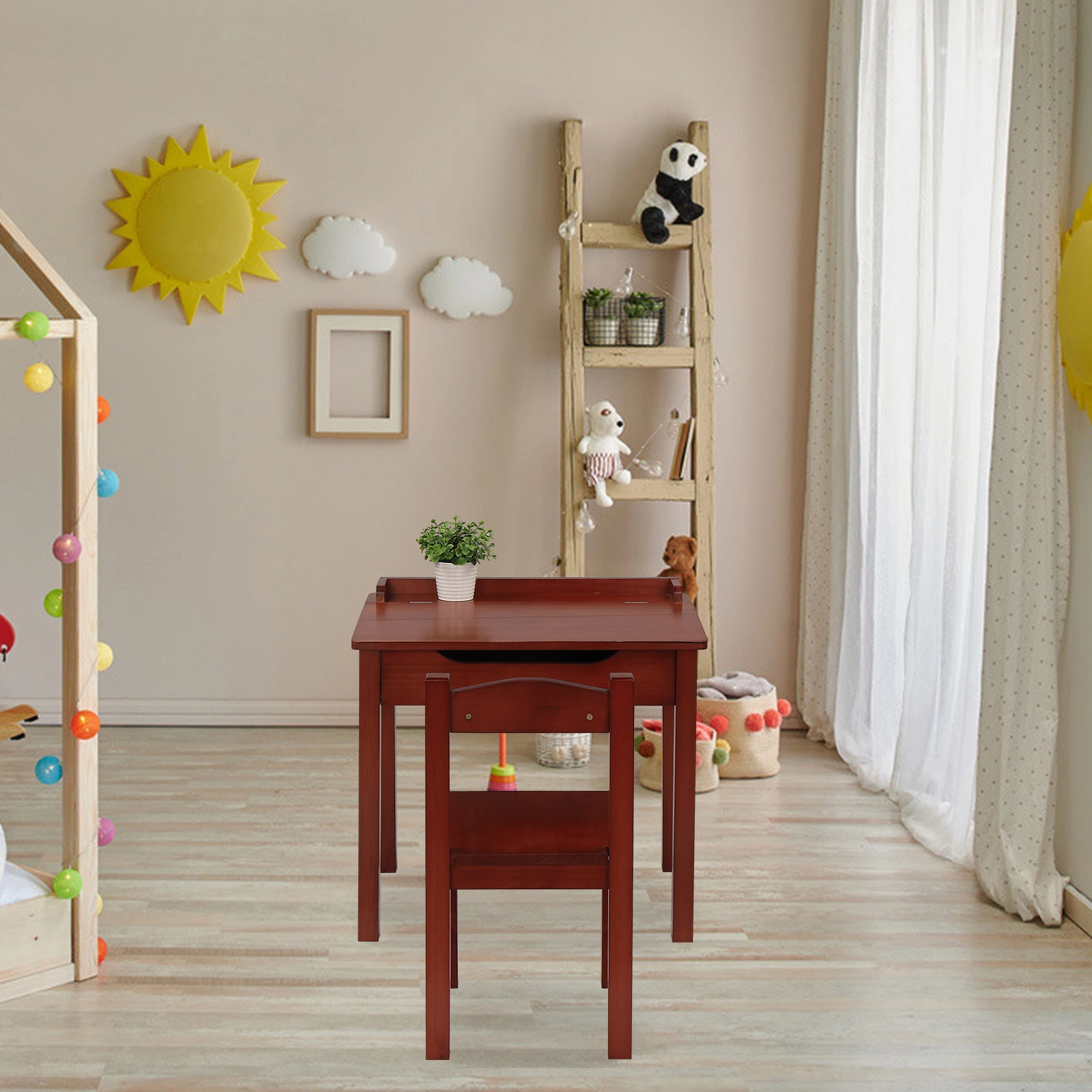 Flip Top Kids Table and Chair Set, Wood Activity Table Set with Storage Space for Arts Crafts, Dark Coffee view 15