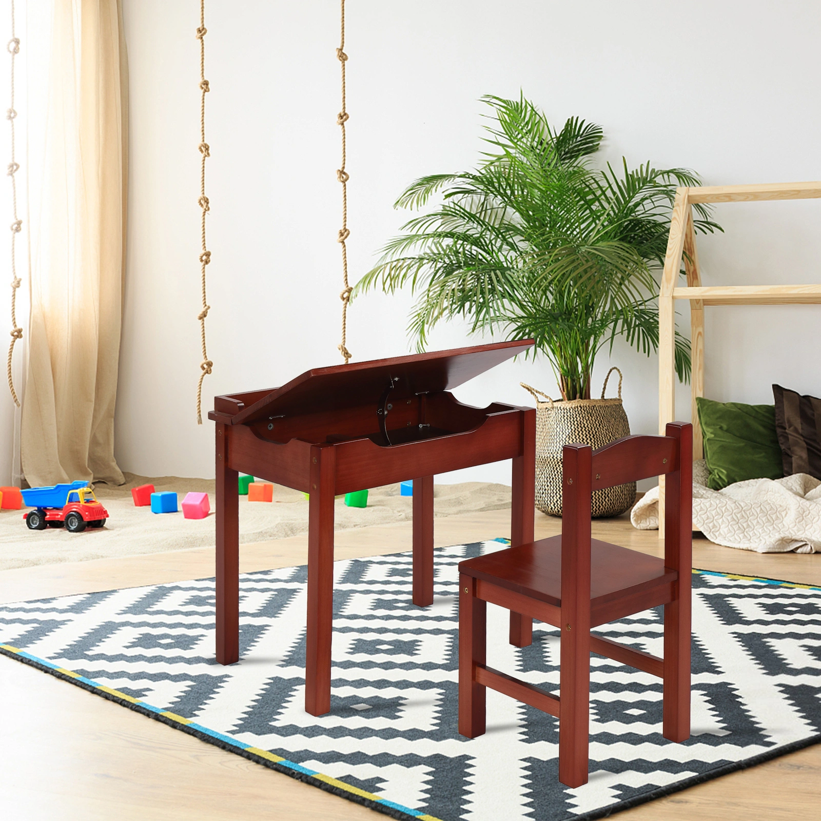 Flip Top Kids Table and Chair Set, Wood Activity Table Set with Storage Space for Arts Crafts, Dark Coffee view 16