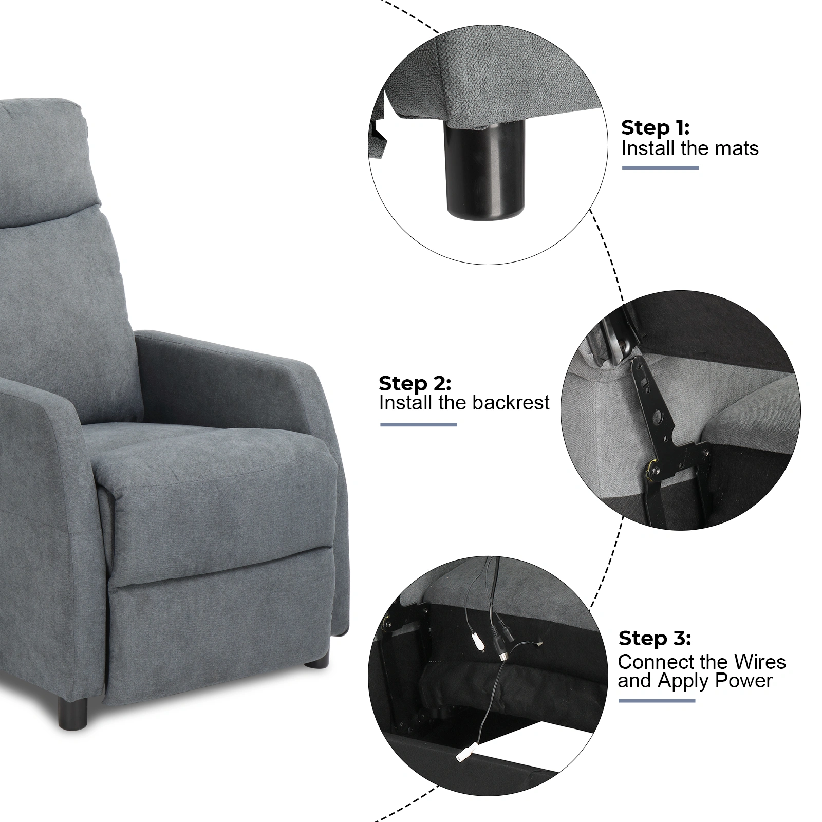 Light Gray Fabric Recliner Chair with 6-Point Massage & Heating Function, Upholstered Rocker Reclining view 2