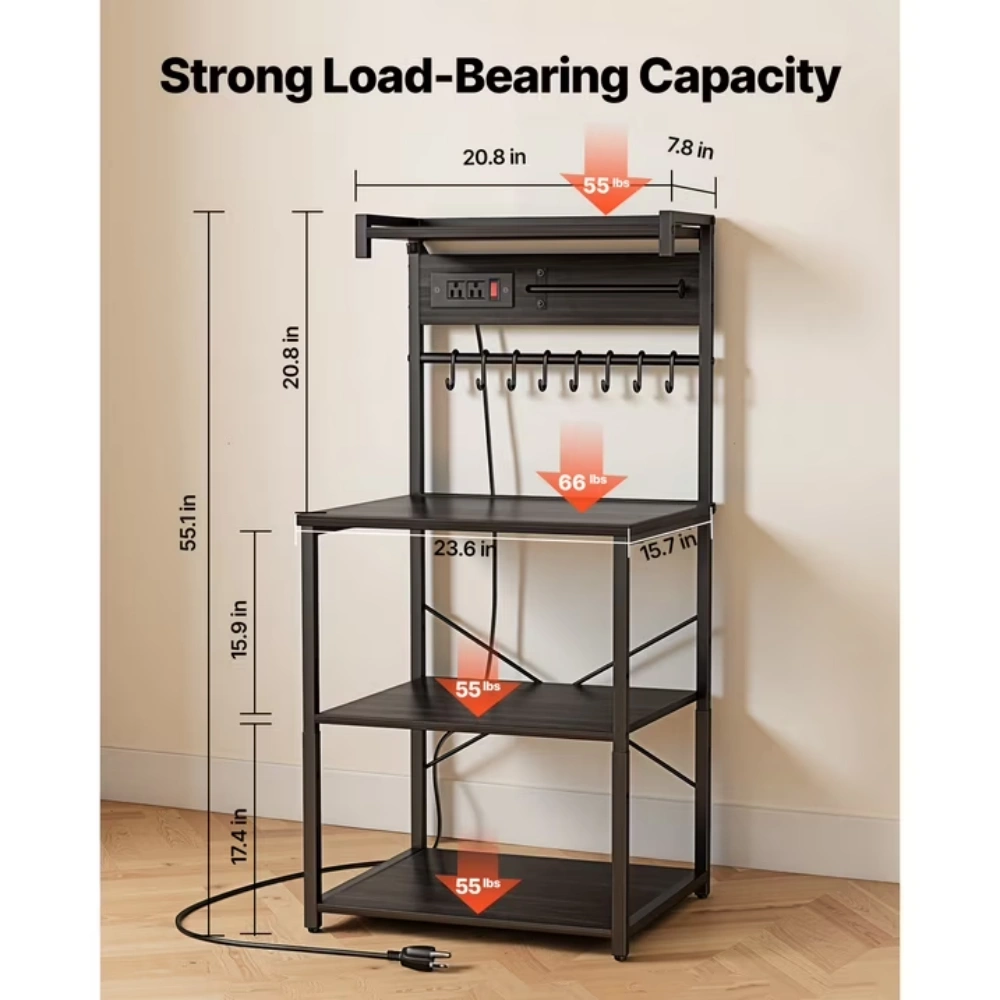 Kitchen Bakers Rack with Power Outlet & 4.6ft Cable, 23.6" Wide Utility Cart with X-Frame Support, 8 Hooks, Storage Shelf for Spices Coffee view 3