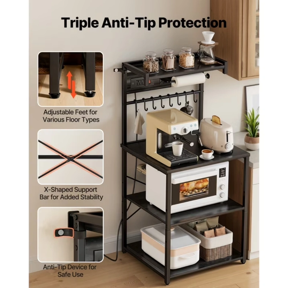 Kitchen Bakers Rack with Power Outlet & 4.6ft Cable, 23.6" Wide Utility Cart with X-Frame Support, 8 Hooks, Storage Shelf for Spices Coffee view 6