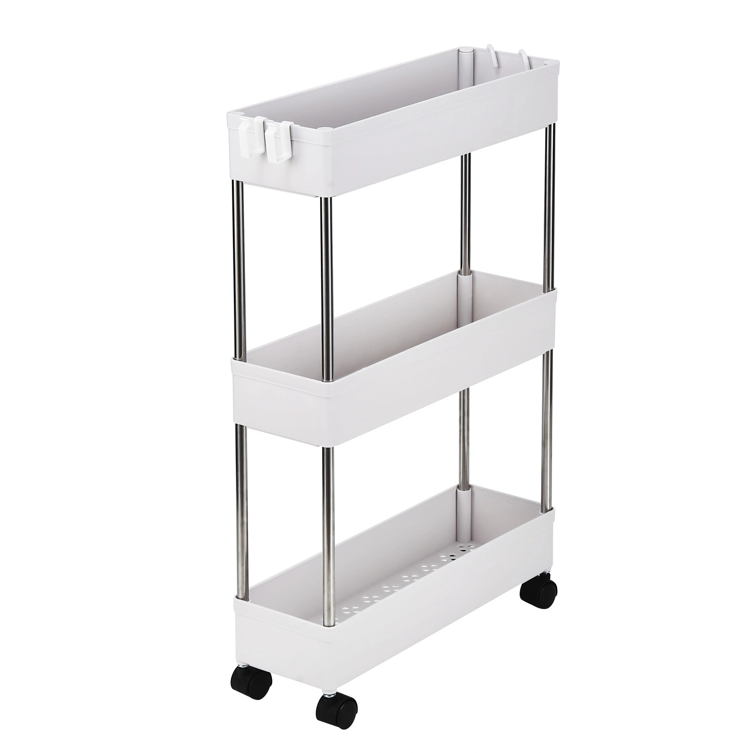 3-Layer Ultra-thin, Mobile Multi-Functional Slim Storage Cart,Suitable for Kitchen, Bathroom, Laundry Room Narrow Place, Plastic and Stainless Steel, White view 3