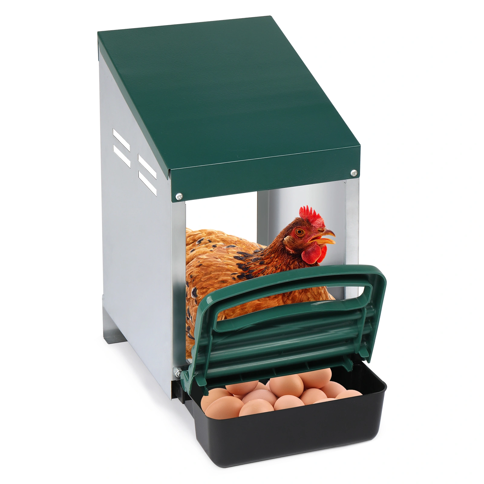 Single Roll Out Chicken Nesting Box with Plastic Basket, Egg Nest Box Chicken Laying Box Hens Chicken Coop Box, Green view 4
