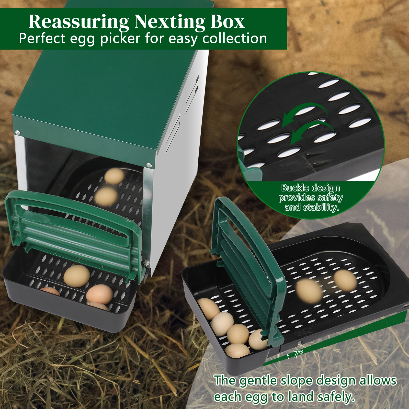 Single Roll Out Chicken Nesting Box with Plastic Basket, Egg Nest Box Chicken Laying Box Hens Chicken Coop Box, Green view 8