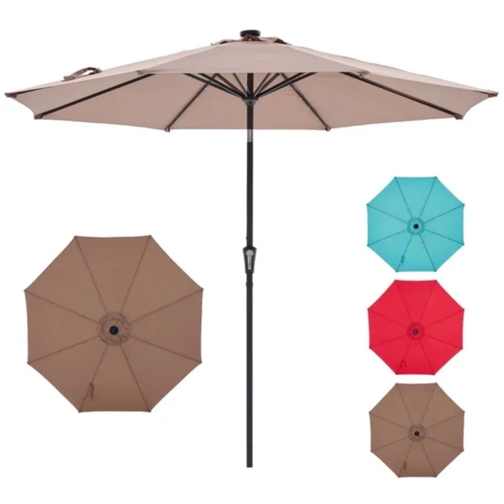 10 ft Patio Umbrella for Table, Outdoor Sun Umbrella with 32 LED Solar Lights, Khaki )