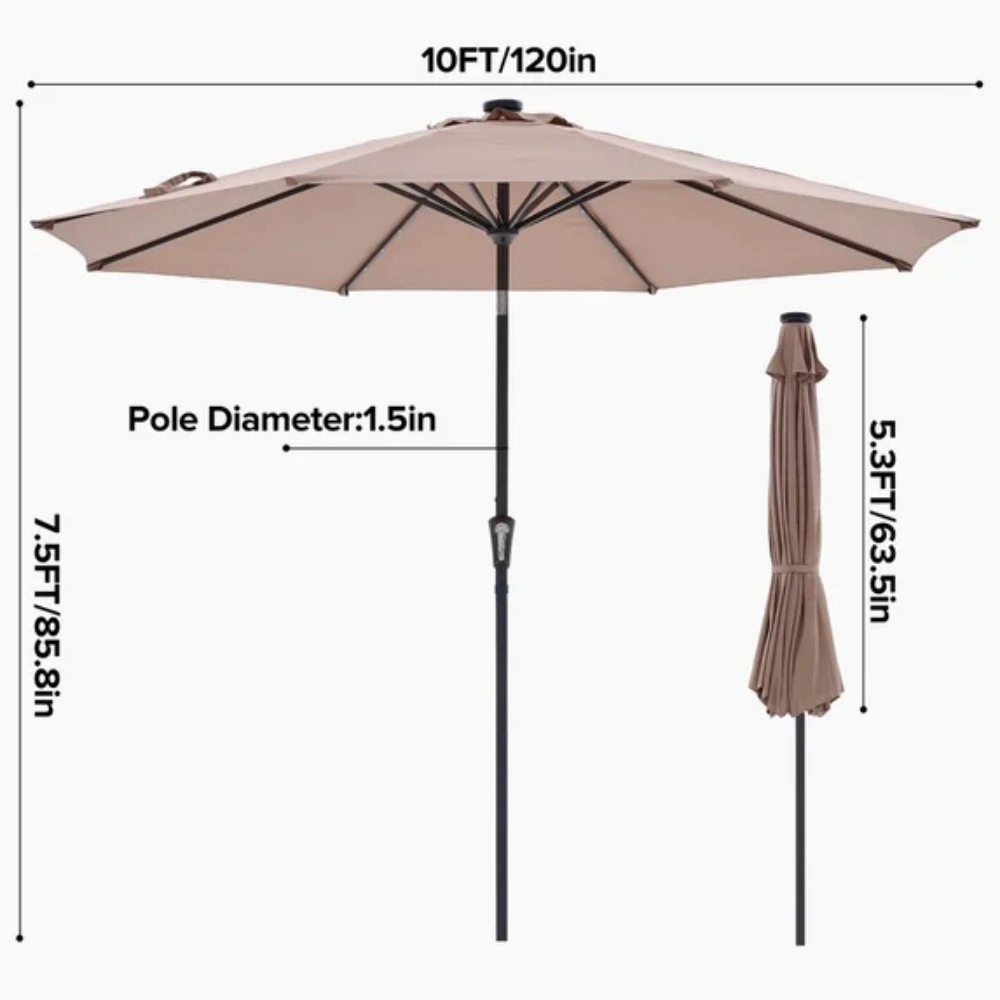10 ft Patio Umbrella for Table, Outdoor Sun Umbrella with 32 LED Solar Lights, Khaki ) view 2