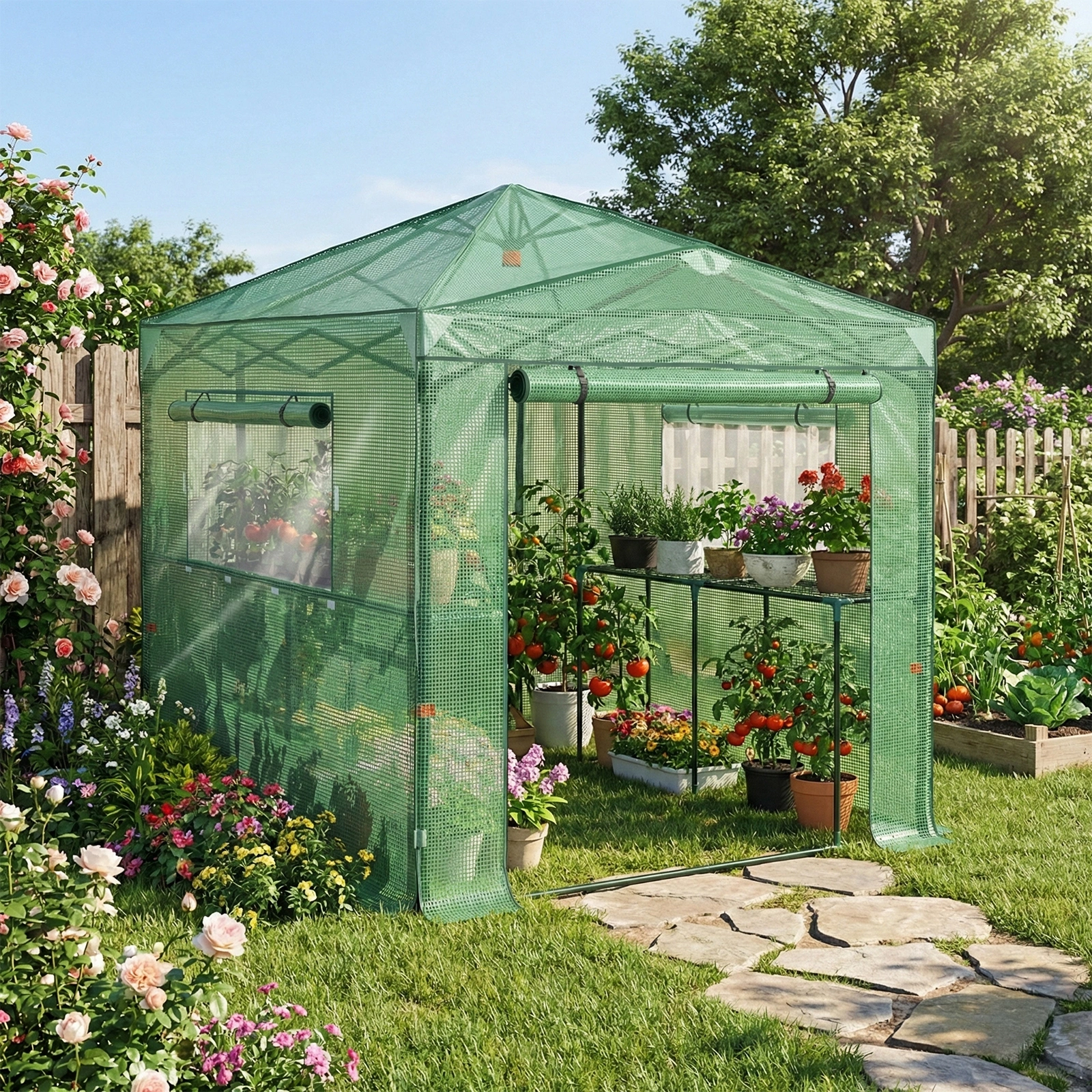 8x6ft Foldable Greenhouse Walk-in Greenhouse with Steel Frame, PE Mesh Cover, Green view 4
