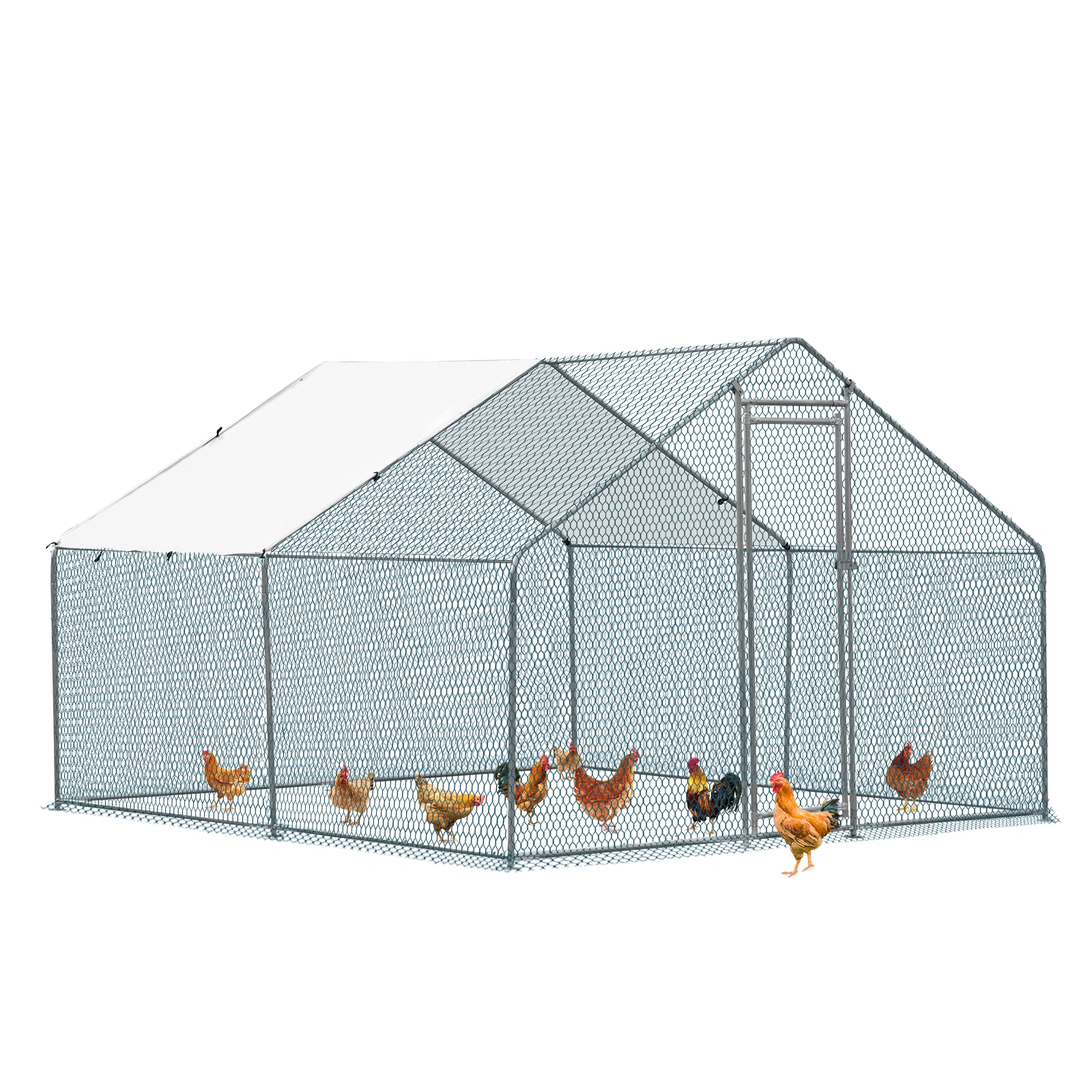 10x10 ft Metal Chicken Coop Walk-in Poultry Run Cage with Waterproof Cover for Chickens Rabbits Cats Dogs Outdoor Backyard Farm view 3